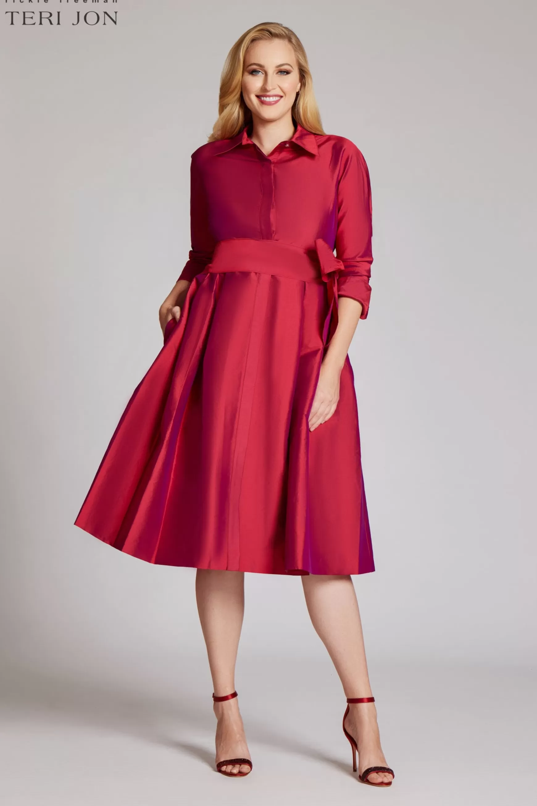 Plus Size Dresses | Shop Best Sellers*Teri Jon 3/4 Sleeve Belted Taffeta Shirt Dress navy | black | magenta