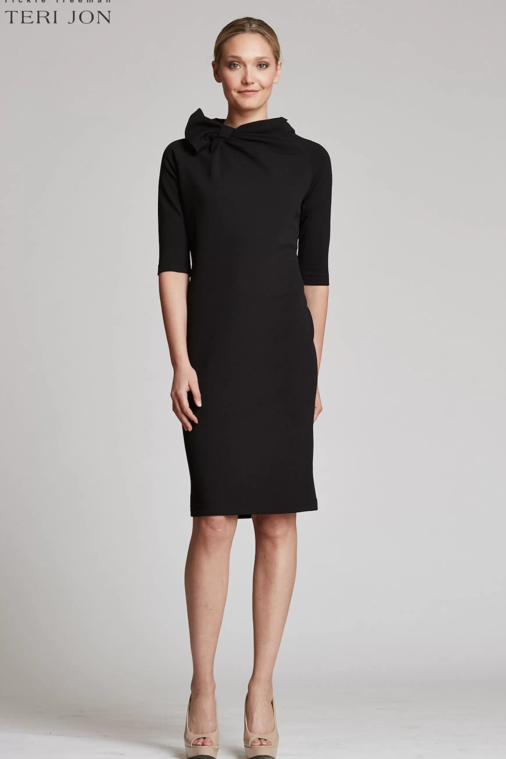 The Little Black Dress | Plus Size Dresses*Teri Jon 3/4 Sleeve Bow Neck Sheath Dress Black