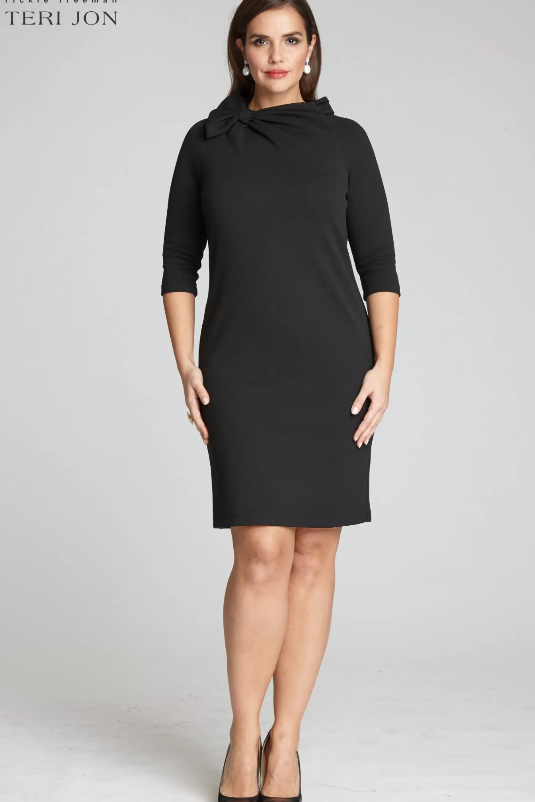 The Little Black Dress | Plus Size Dresses*Teri Jon 3/4 Sleeve Bow Neck Sheath Dress Black