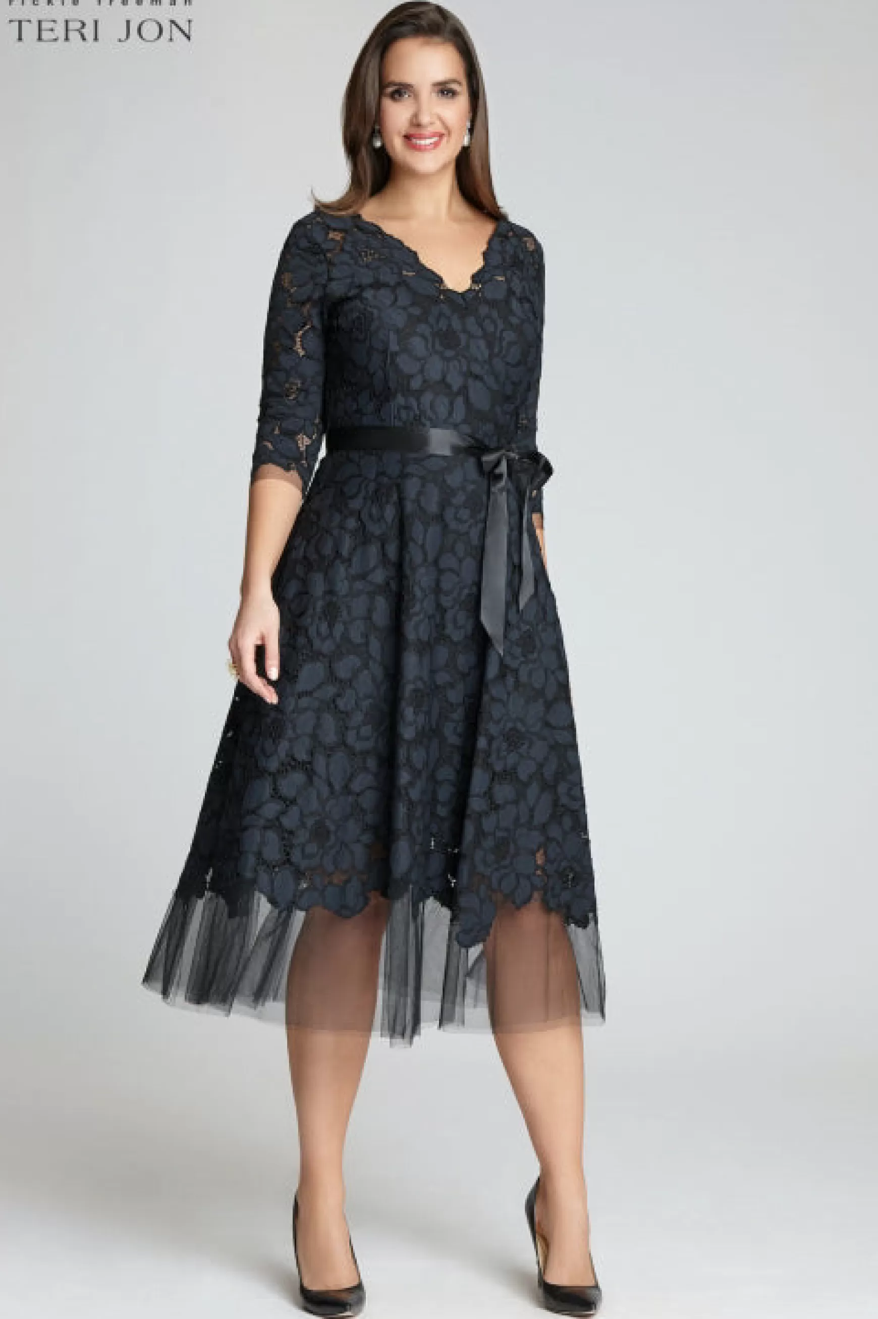 Plus Size Dresses | Shop Best Sellers*Teri Jon 3/4 Sleeve Lace And Tulle Fit And Flare Dress blush | navy