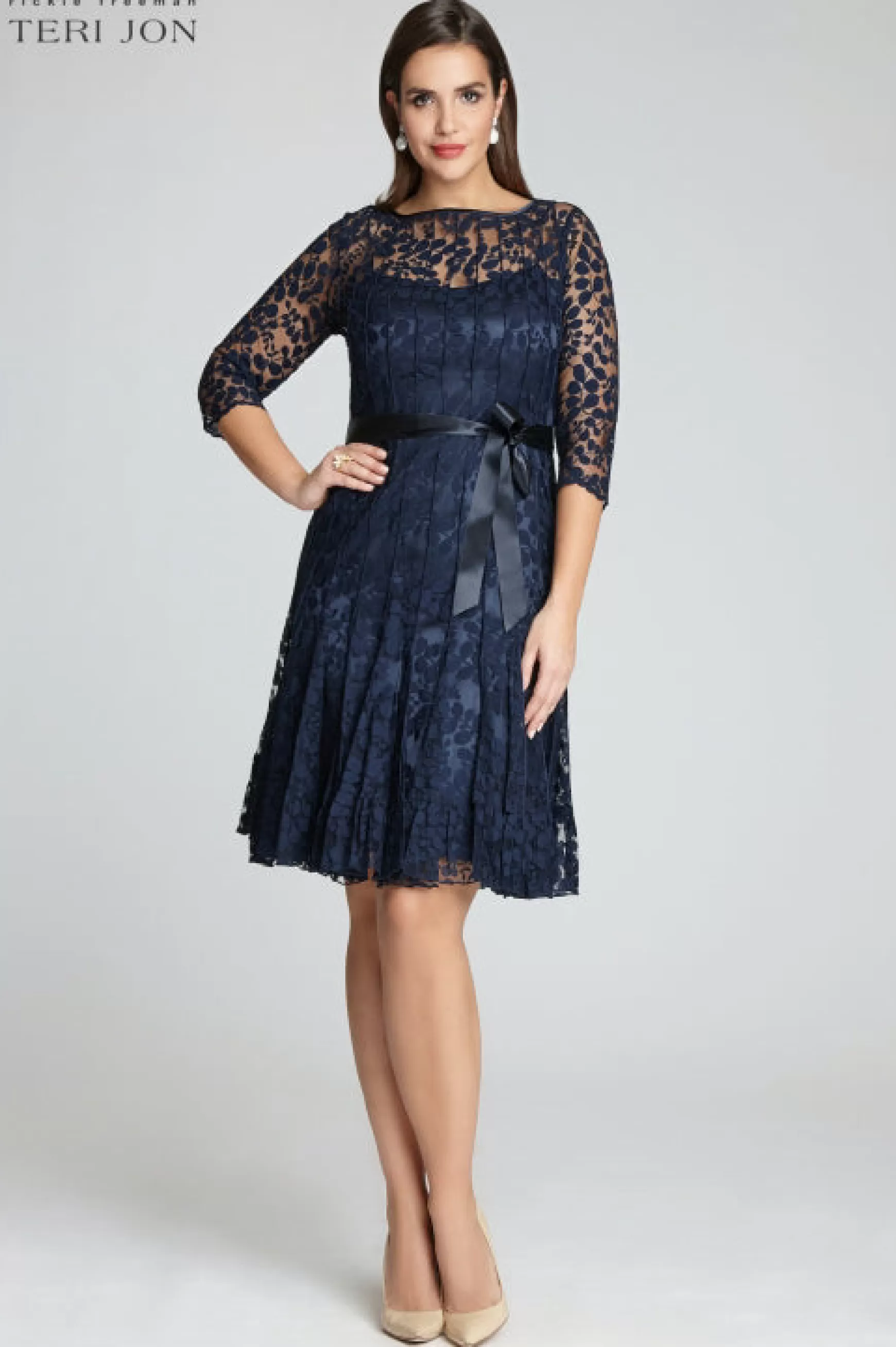 The Little Black Dress | Plus Size Dresses*Teri Jon 3/4 Sleeve Lace Fit And Flare Dress With Bow black | navy