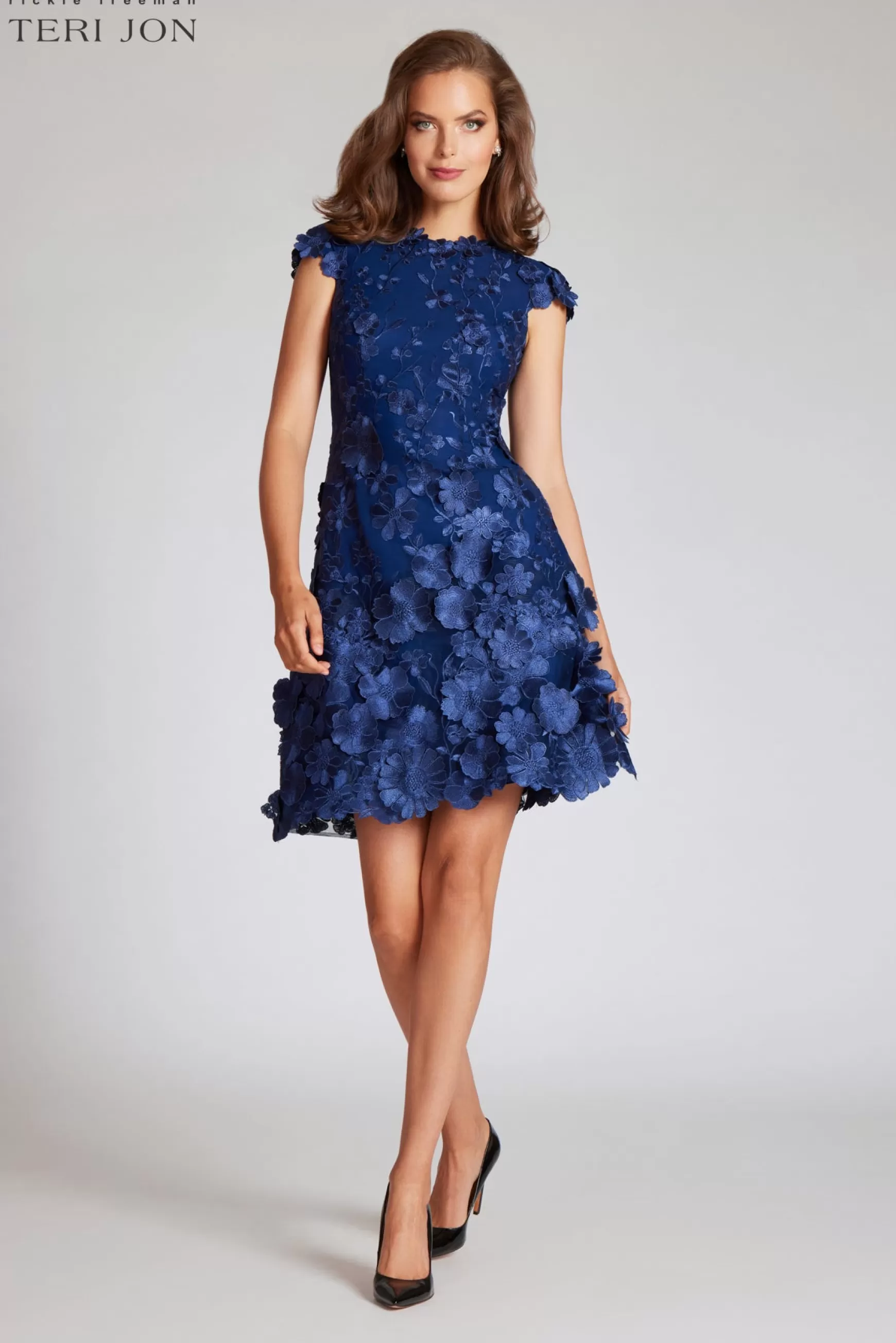 Guest of Wedding | Cocktail & Party Dresses*Teri Jon 3D Appliquéd Floral Lace Fit-And-Flare Dress black-multi | navy