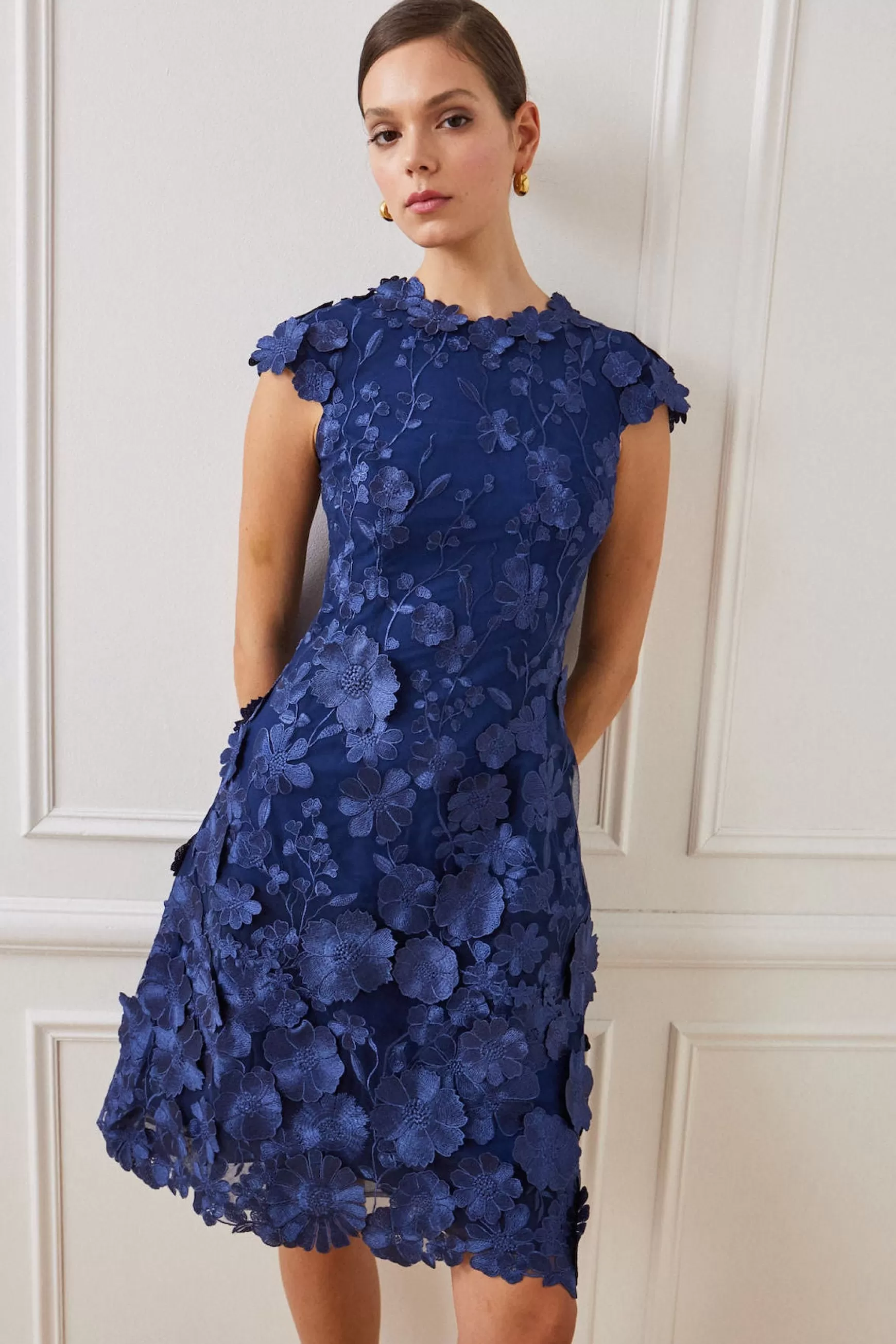 Guest of Wedding | Cocktail & Party Dresses*Teri Jon 3D Appliquéd Floral Lace Fit-And-Flare Dress black-multi | navy