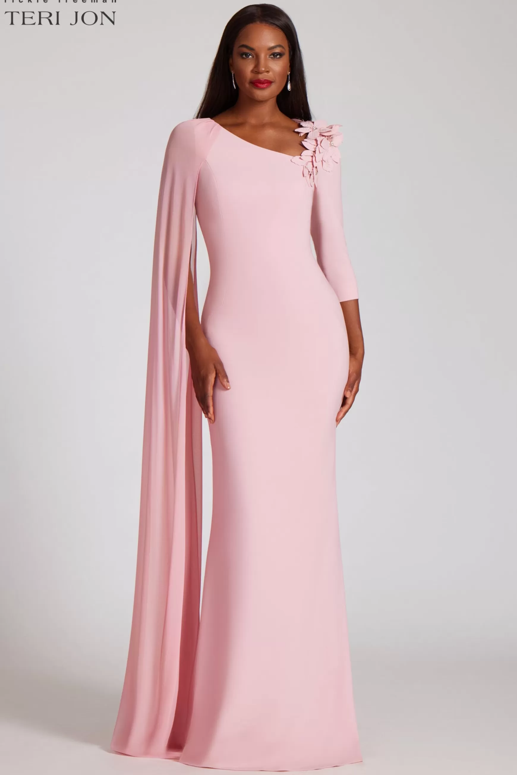 Evening & Formal Gowns | Rehearsal Dinner*Teri Jon Asymmetrical Crepe Gown Rose Pink