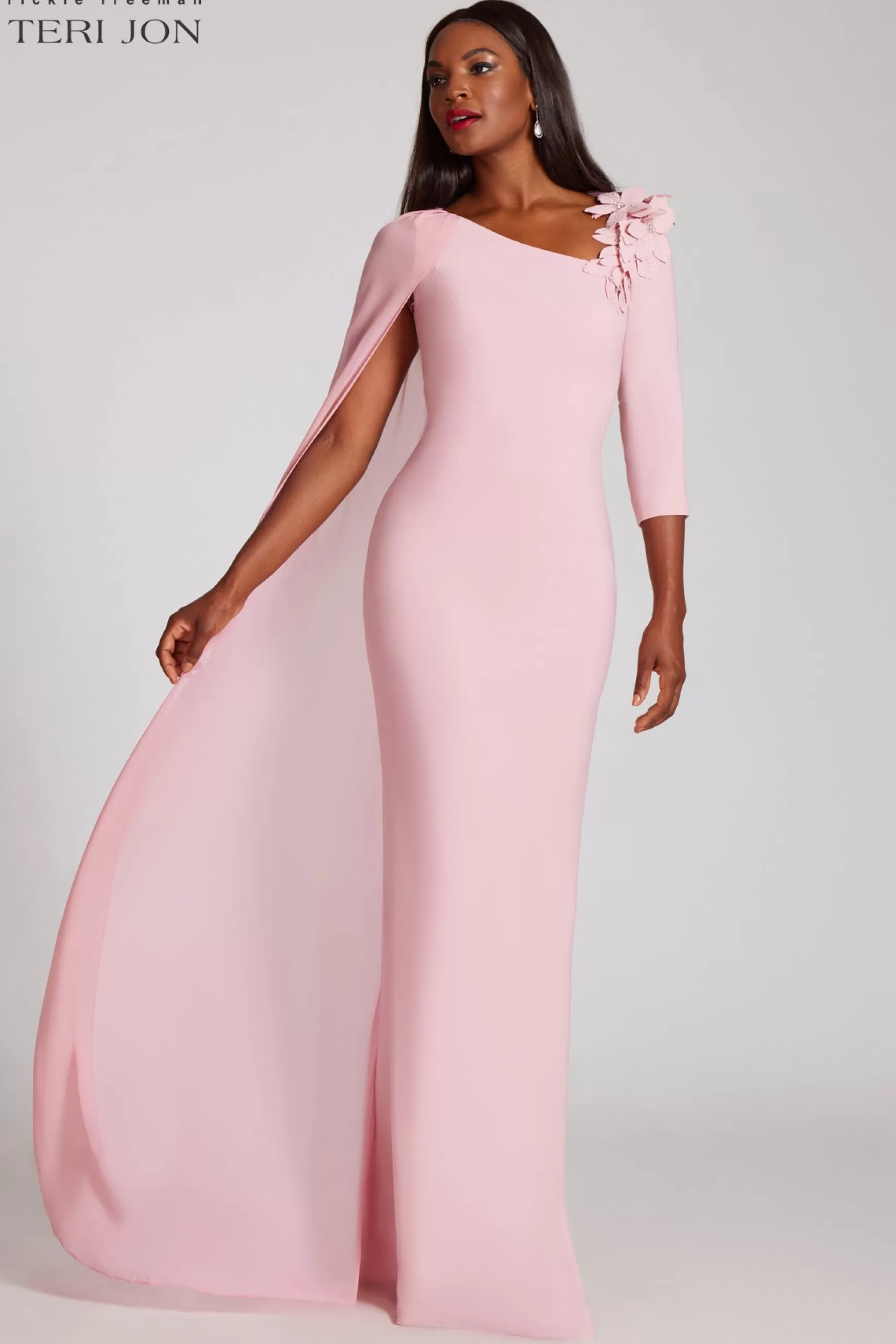 Evening & Formal Gowns | Rehearsal Dinner*Teri Jon Asymmetrical Crepe Gown Rose Pink