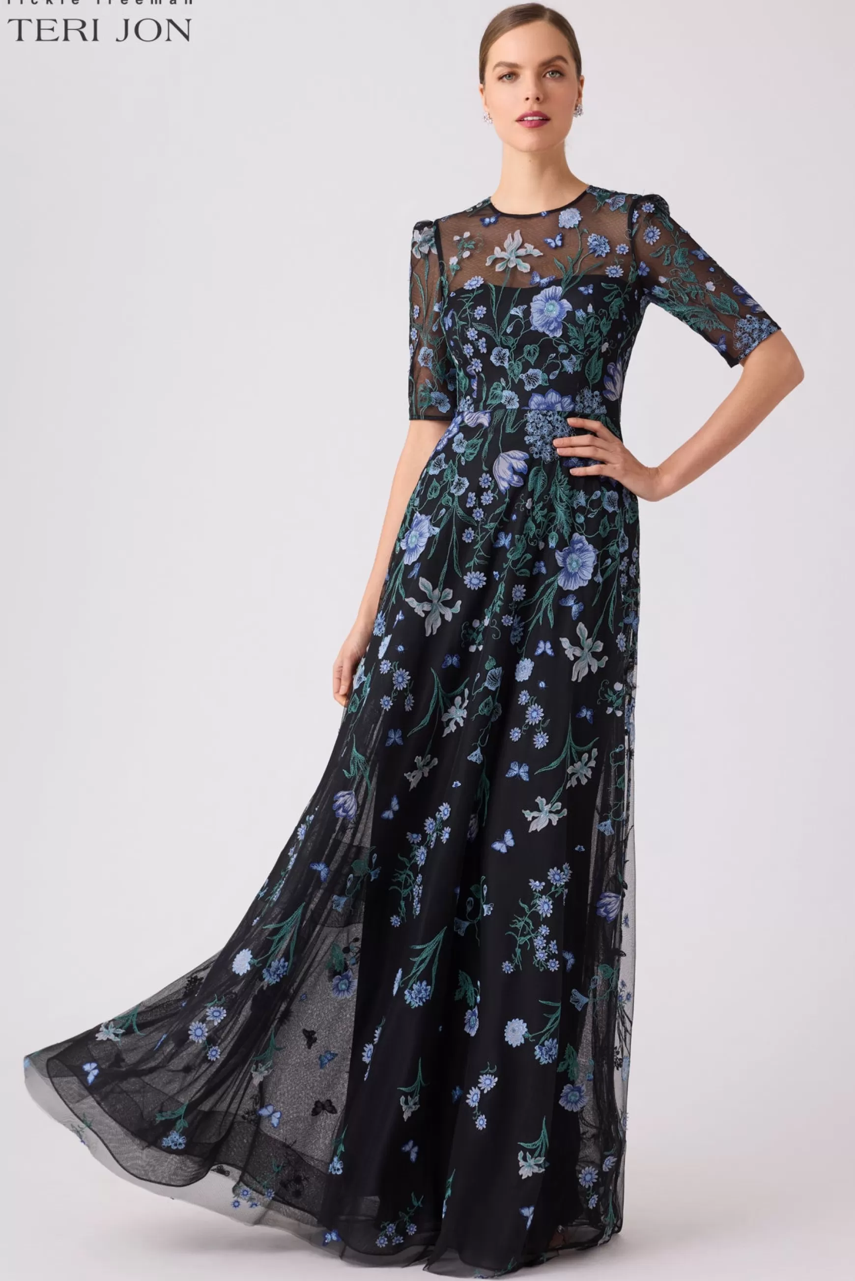 Evening & Formal Gowns*Teri Jon 3D Embroidered Gown Black Multi