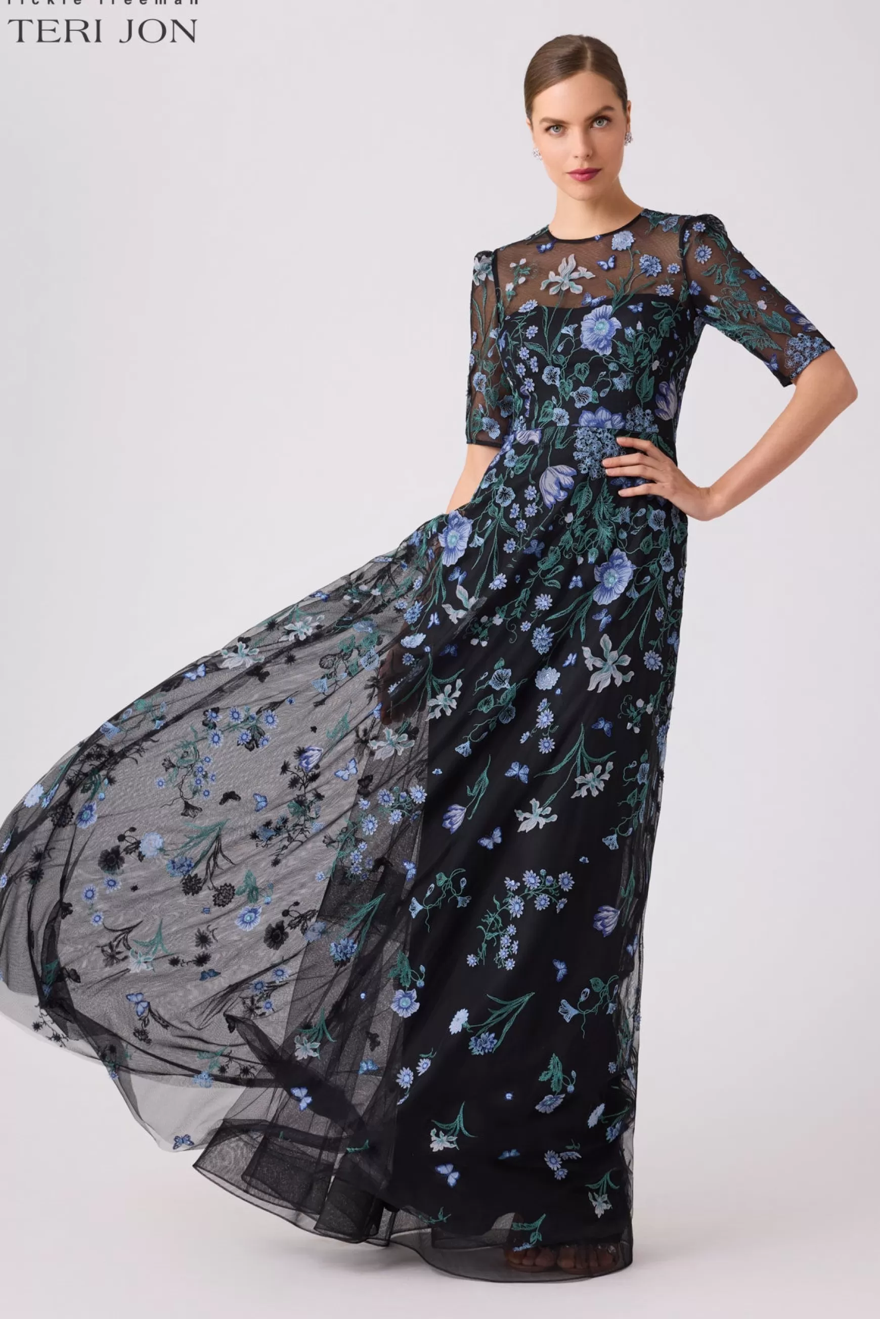 Evening & Formal Gowns*Teri Jon 3D Embroidered Gown Black Multi