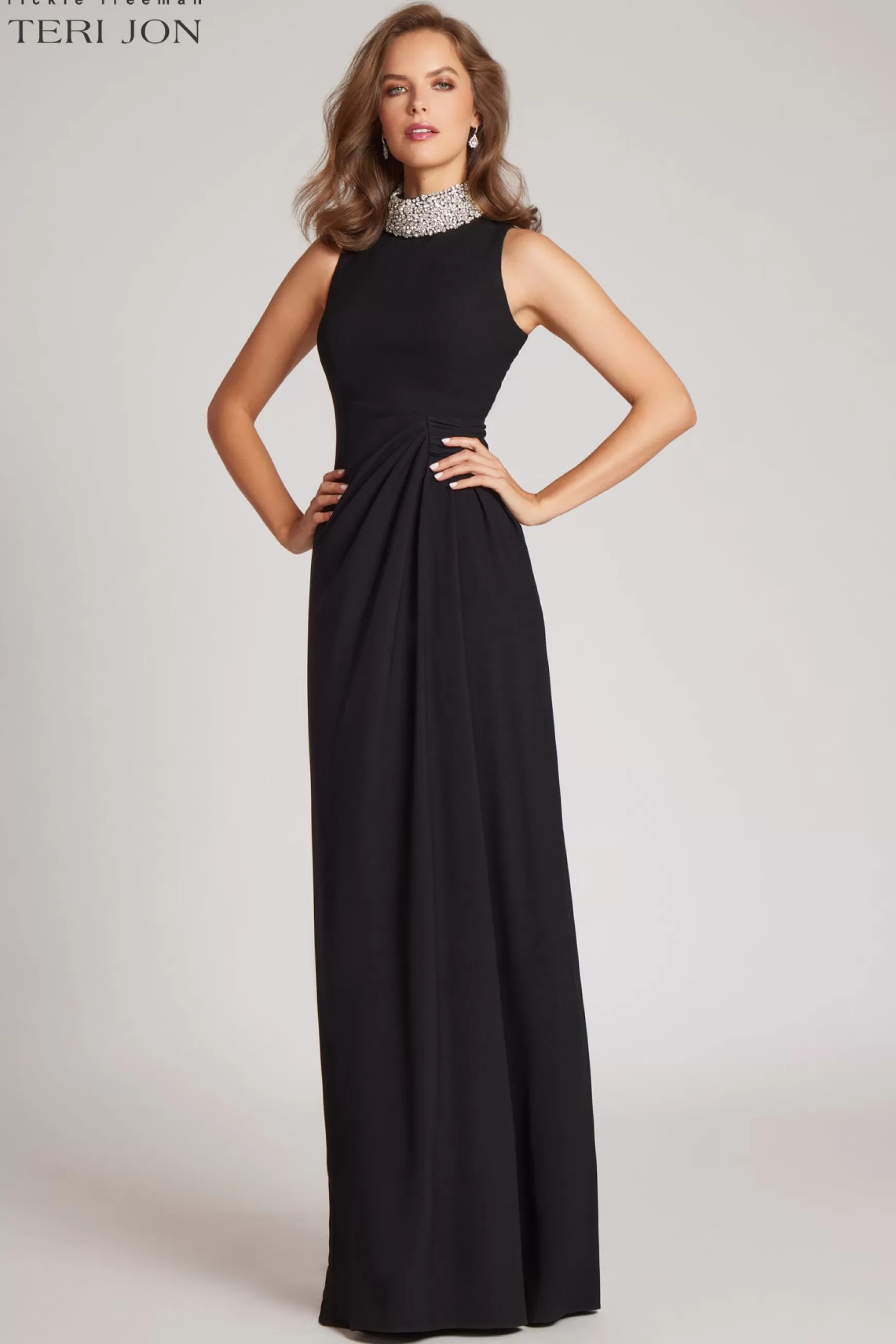 Coming Soon | Evening & Formal Gowns*Teri Jon Sleeveless Rhinestone Sarong Evening Gown Black