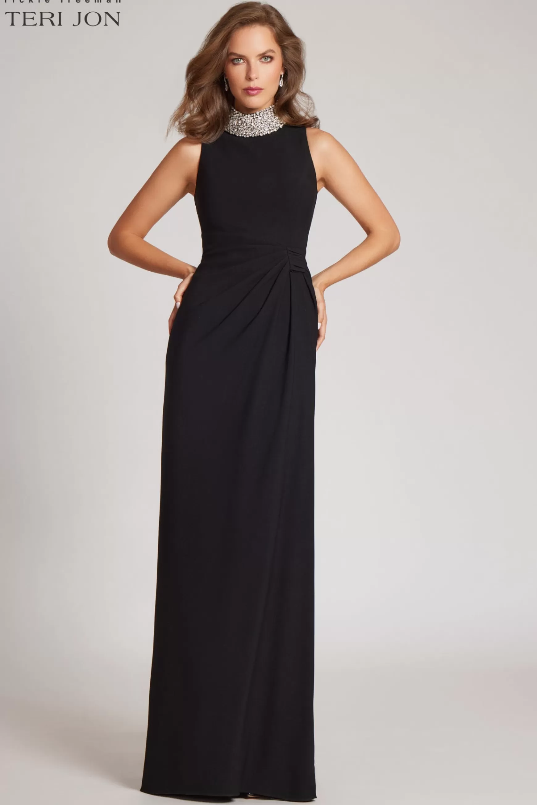 Coming Soon | Evening & Formal Gowns*Teri Jon Sleeveless Rhinestone Sarong Evening Gown Black