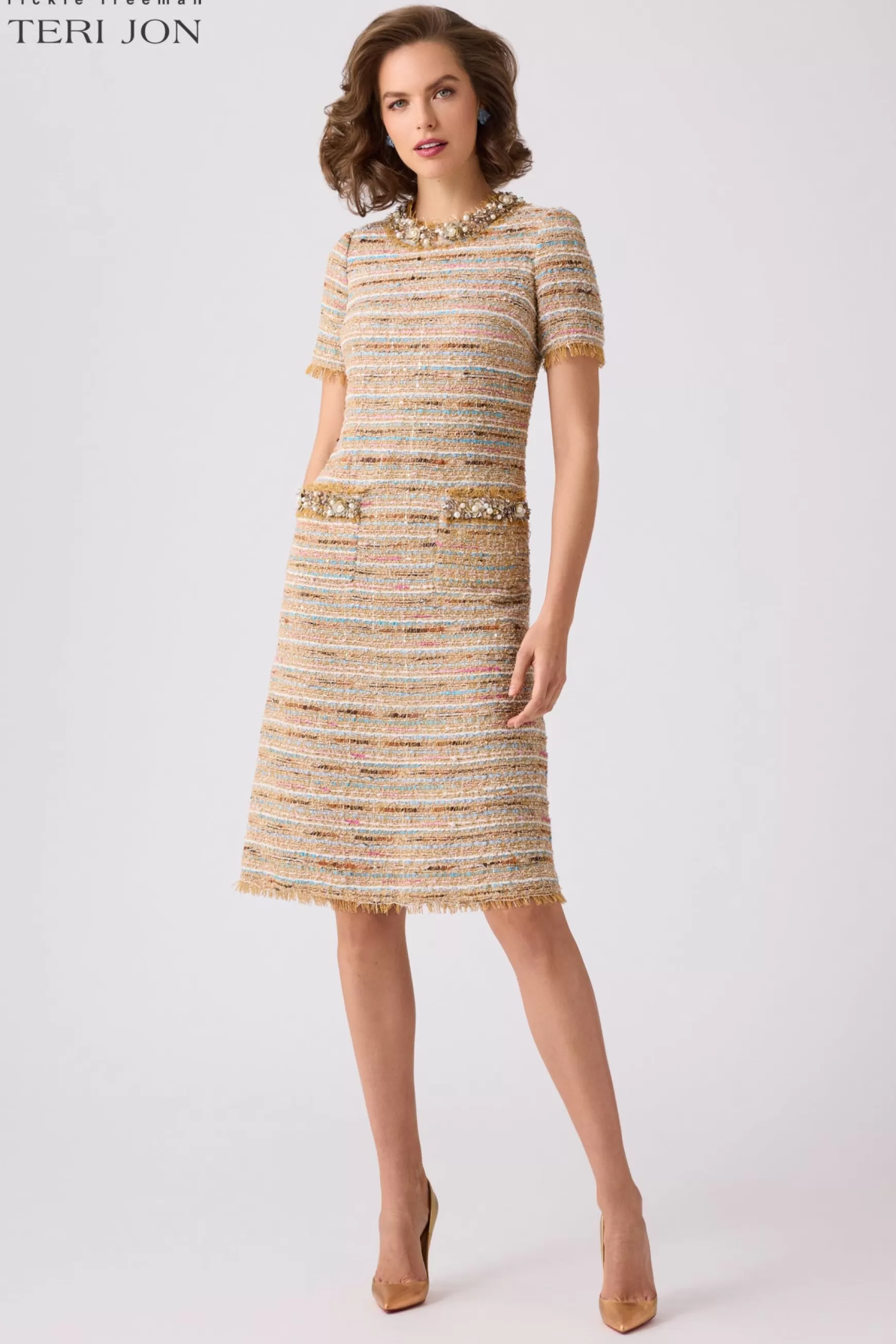 Coming Soon | Cocktail & Party Dresses*Teri Jon Boucle Fringe Trim Daytime Dress Beige Multi