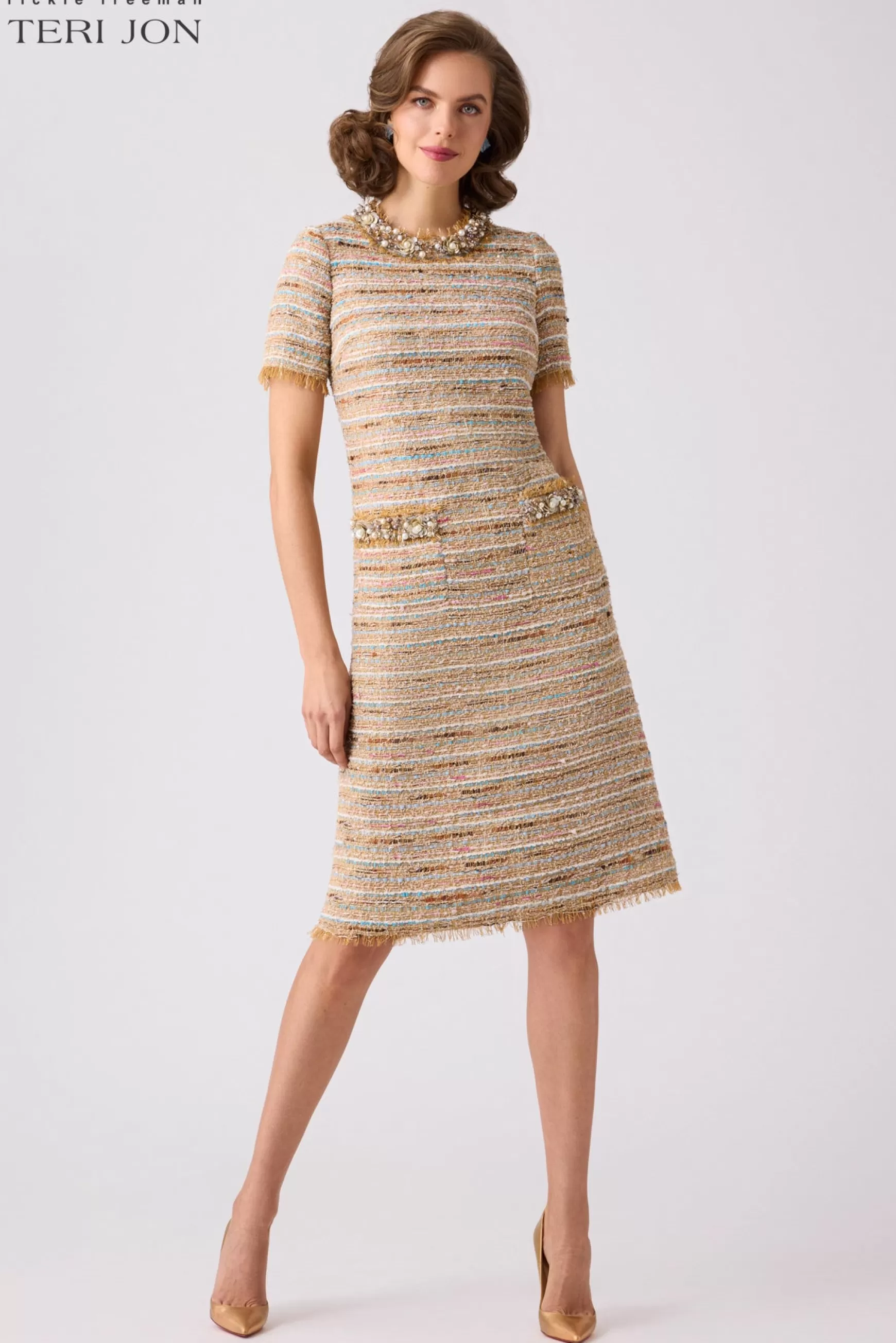 Coming Soon | Cocktail & Party Dresses*Teri Jon Boucle Fringe Trim Daytime Dress Beige Multi