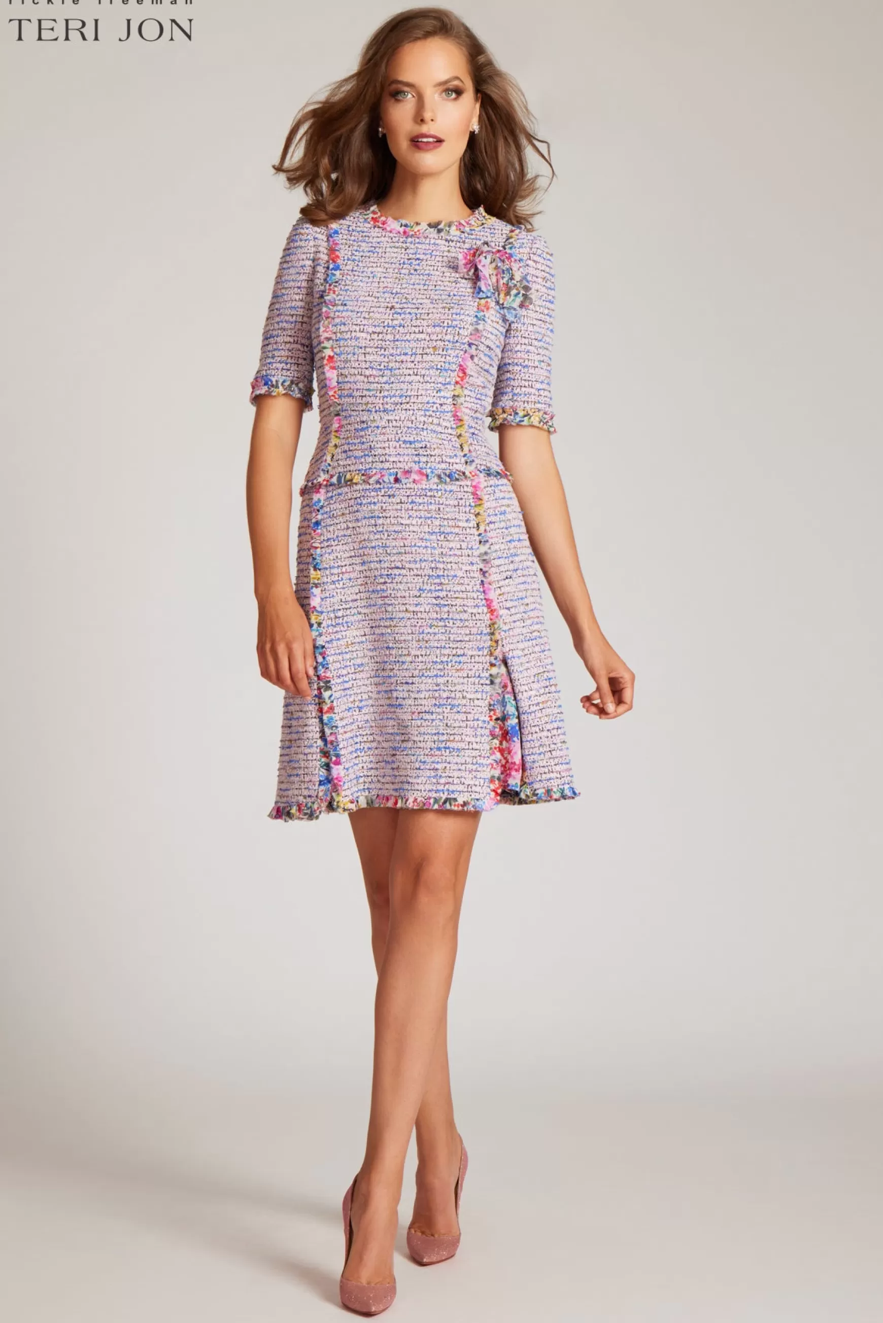 Cocktail & Party Dresses | Day Occasion*Teri Jon Boucle Tweed Chiffon Trim Short Sleeve Dress Pink Multi