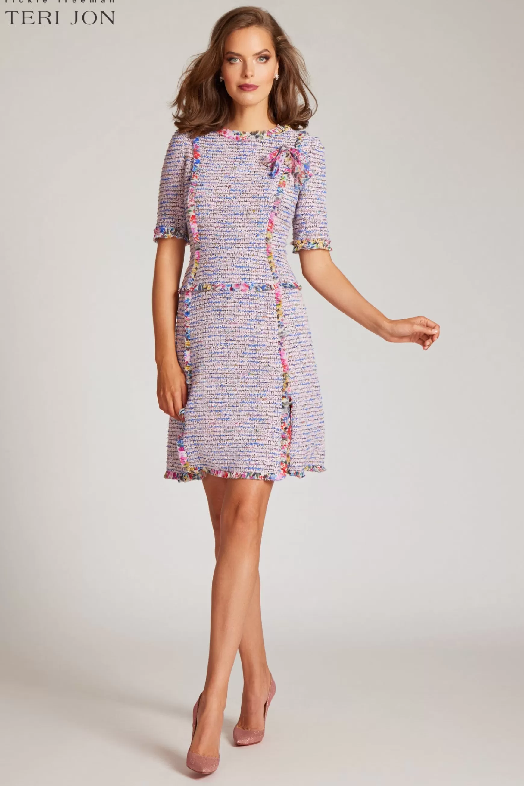 Cocktail & Party Dresses | Day Occasion*Teri Jon Boucle Tweed Chiffon Trim Short Sleeve Dress Pink Multi