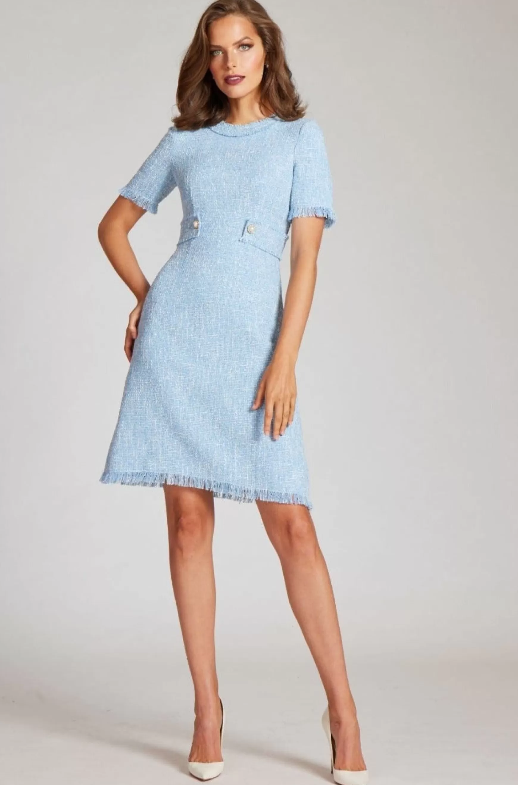 Cocktail & Party Dresses | Day Occasion*Teri Jon Boucle Tweed Short Sleeve Day Time Dress Powder Blue