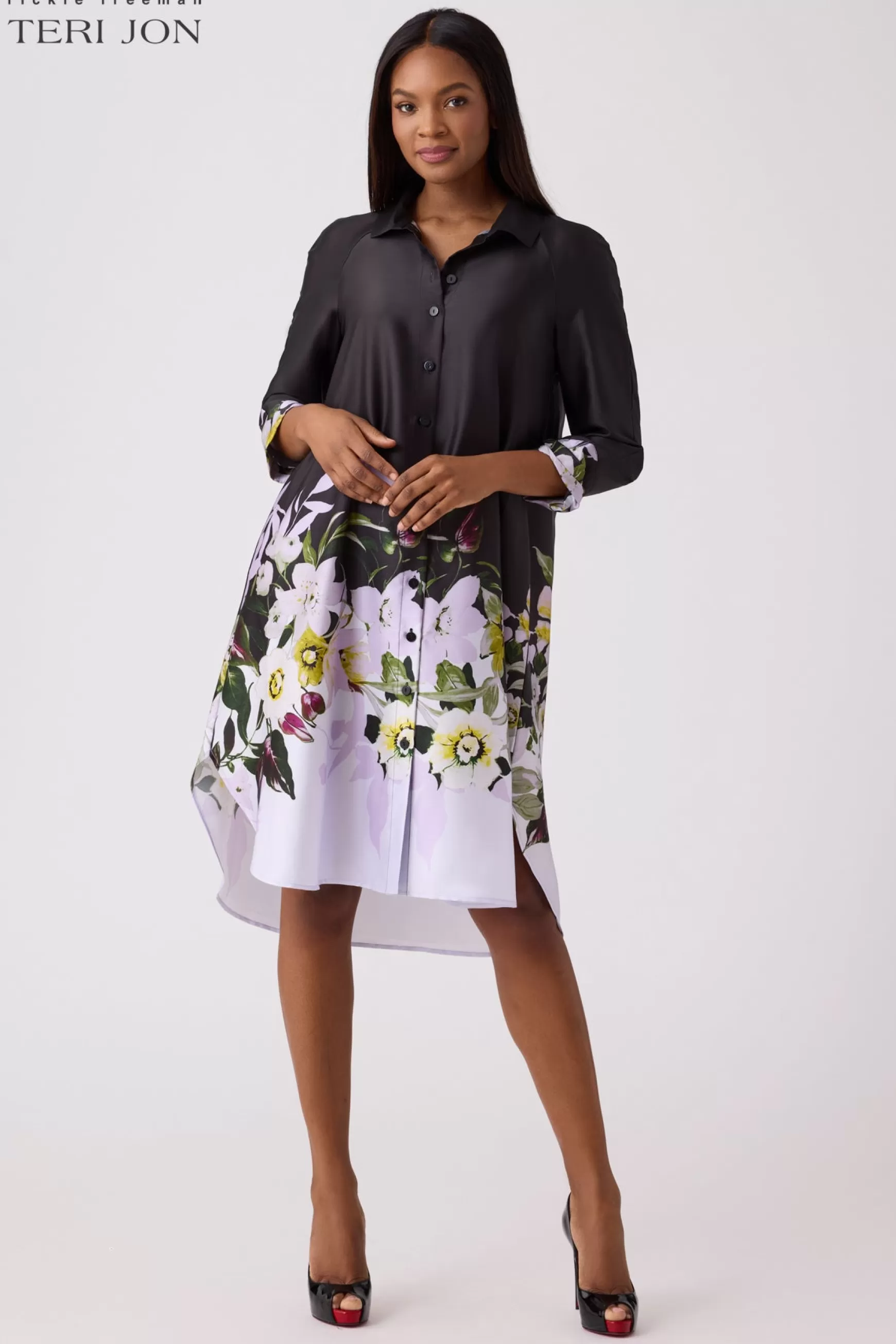 Cocktail & Party Dresses | Day Occasion*Teri Jon Button-Up Twill Print Dress Black Multi