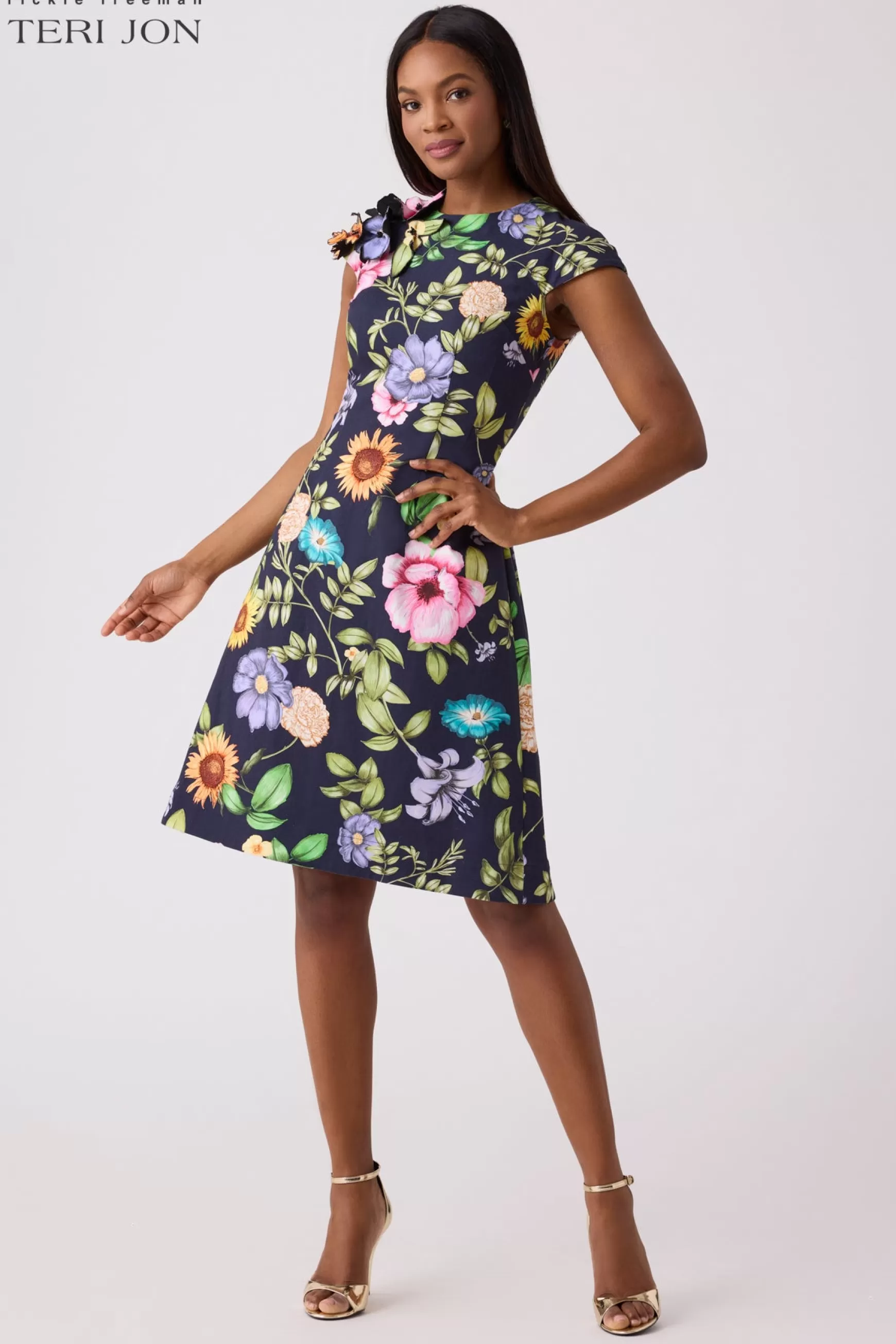 Coming Soon | Cocktail & Party Dresses*Teri Jon Cap Sleeve Floral Fit And Flare Dress Black Multi