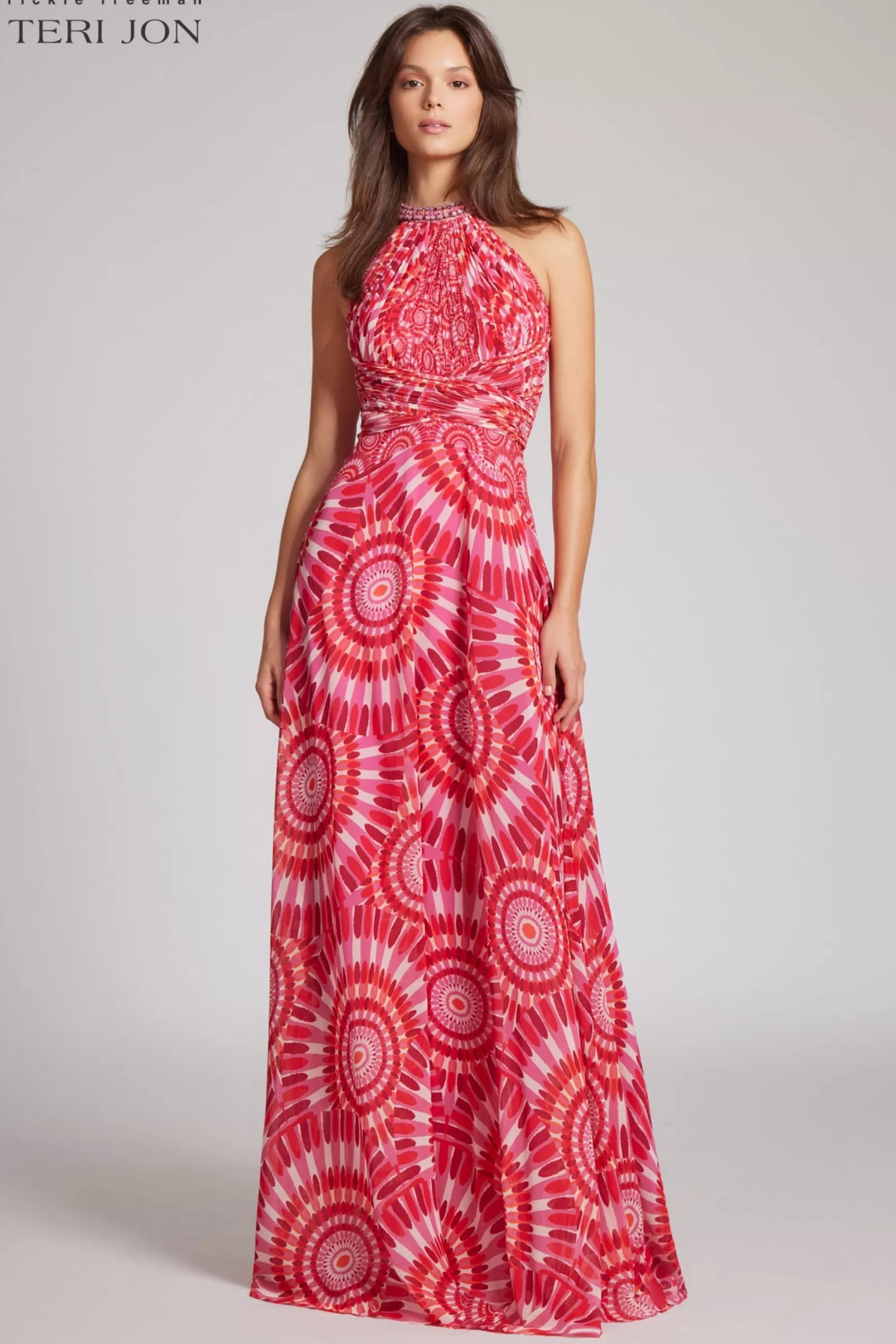 Coming Soon | Evening & Formal Gowns*Teri Jon Chiffon Beaded Halter Gown Pink Multi