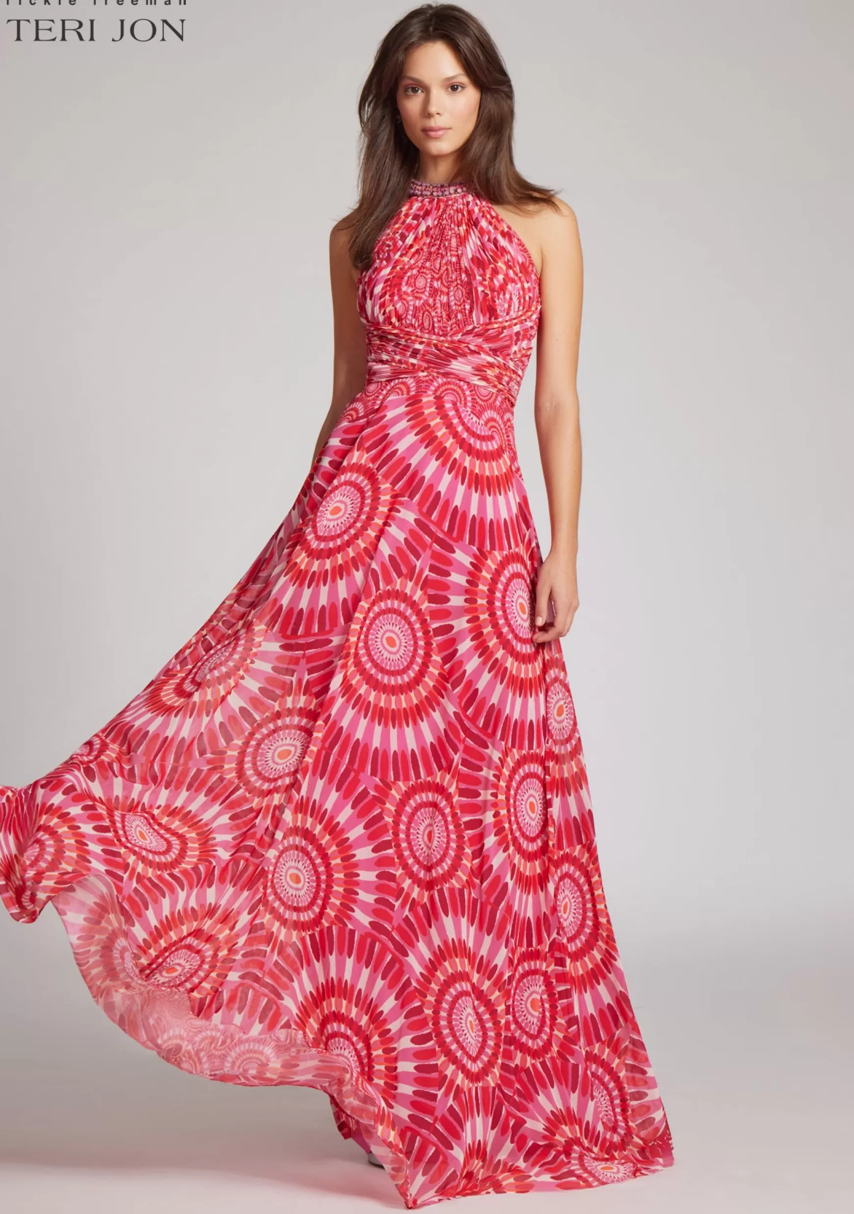 Coming Soon | Evening & Formal Gowns*Teri Jon Chiffon Beaded Halter Gown Pink Multi