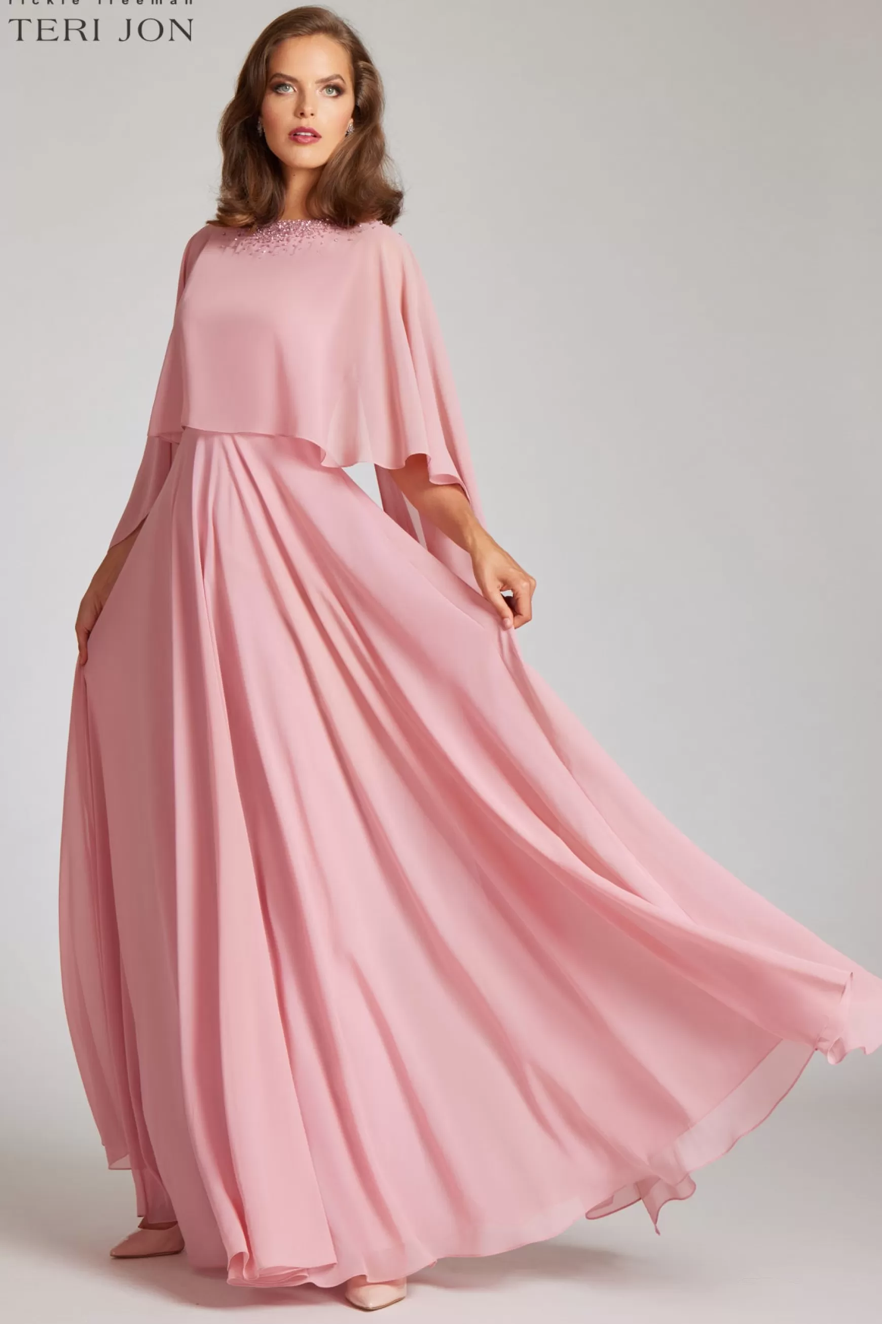 Coming Soon | Evening & Formal Gowns*Teri Jon Chiffon Cascade Caplet With Beaded Neckline rose-pink | sapphire