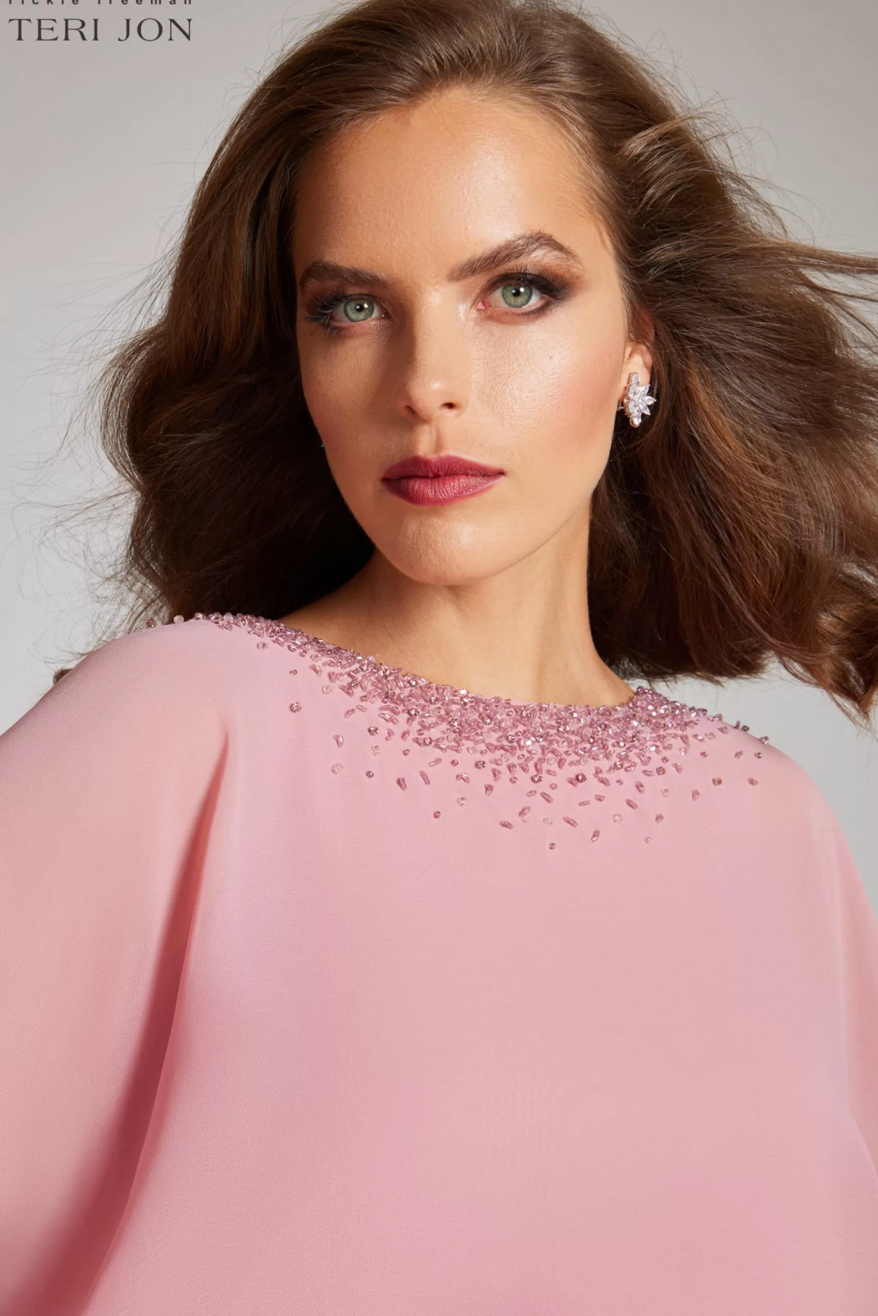 Coming Soon | Evening & Formal Gowns*Teri Jon Chiffon Cascade Caplet With Beaded Neckline rose-pink | sapphire