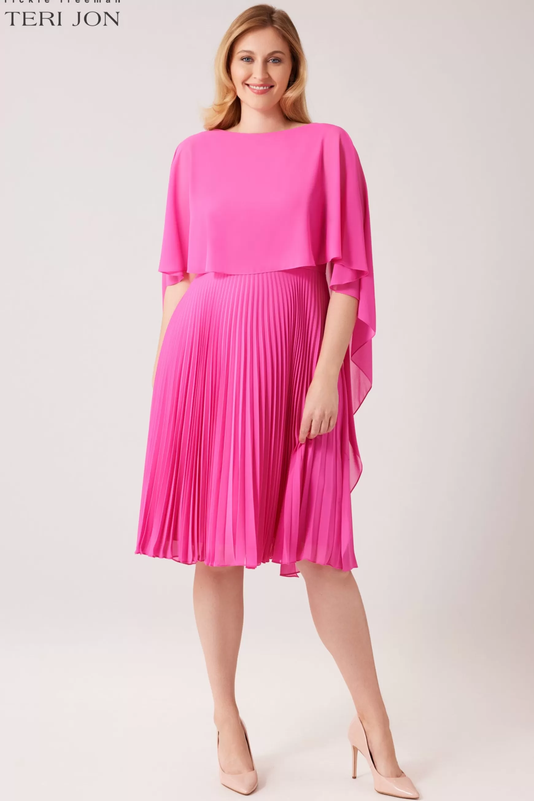 Cocktail & Party Dresses | Day Occasion*Teri Jon Chiffon Cascade Caplet With Pleated Skirt Dress navy | pink