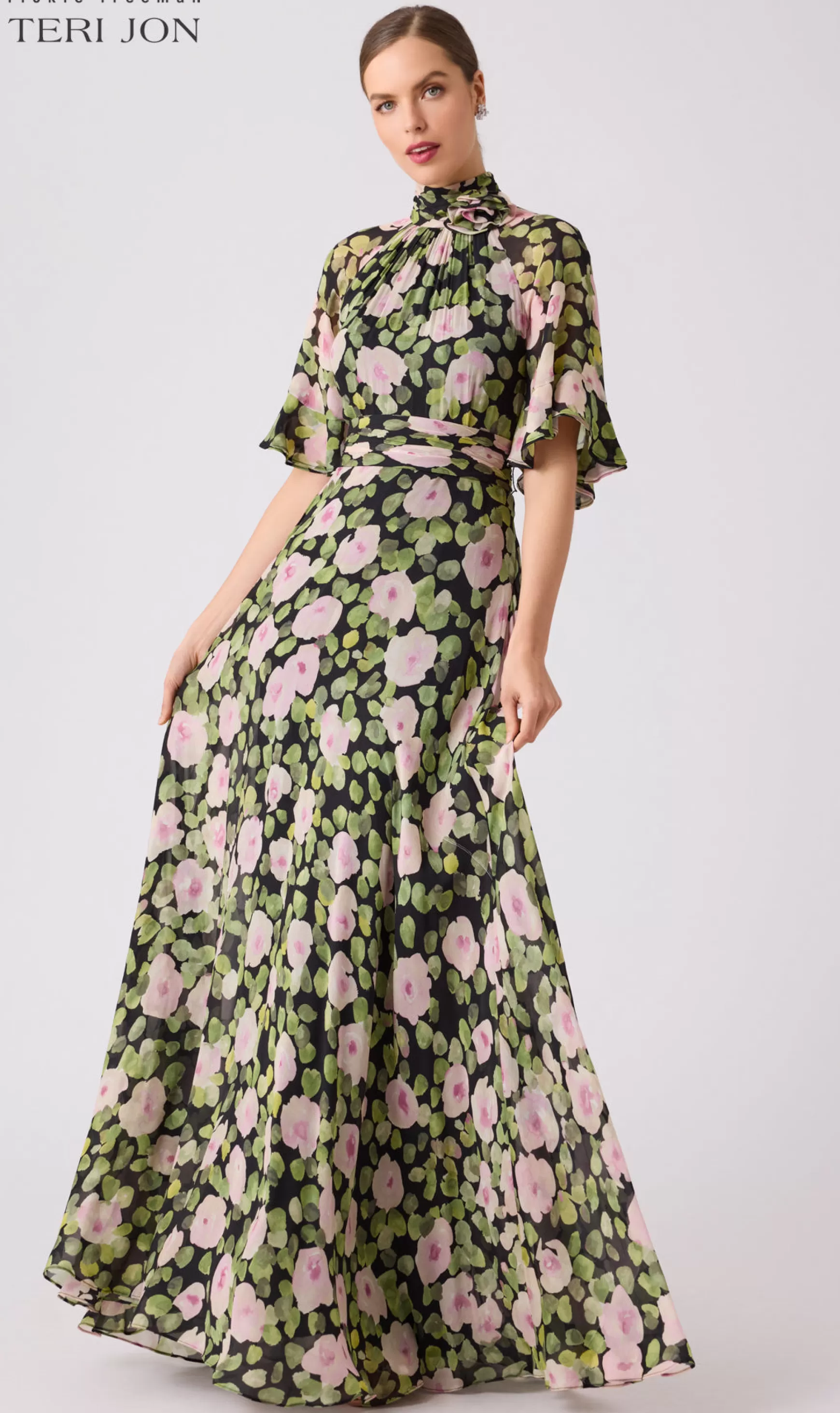 Evening & Formal Gowns | Guest of Wedding*Teri Jon Chiffon Floral Flutter Sleeve Mock Neck With Green Multi