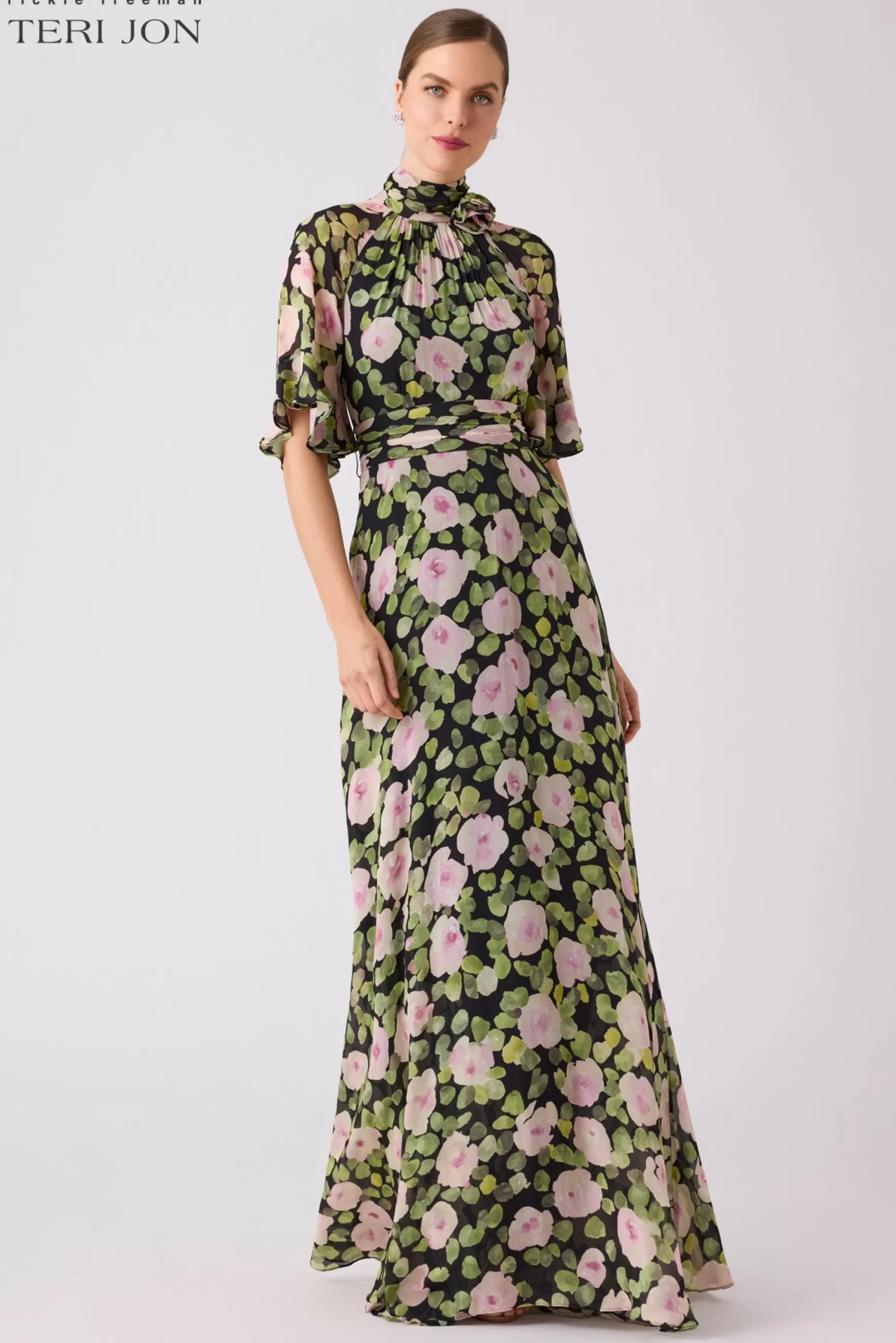 Evening & Formal Gowns | Guest of Wedding*Teri Jon Chiffon Floral Flutter Sleeve Mock Neck With Green Multi