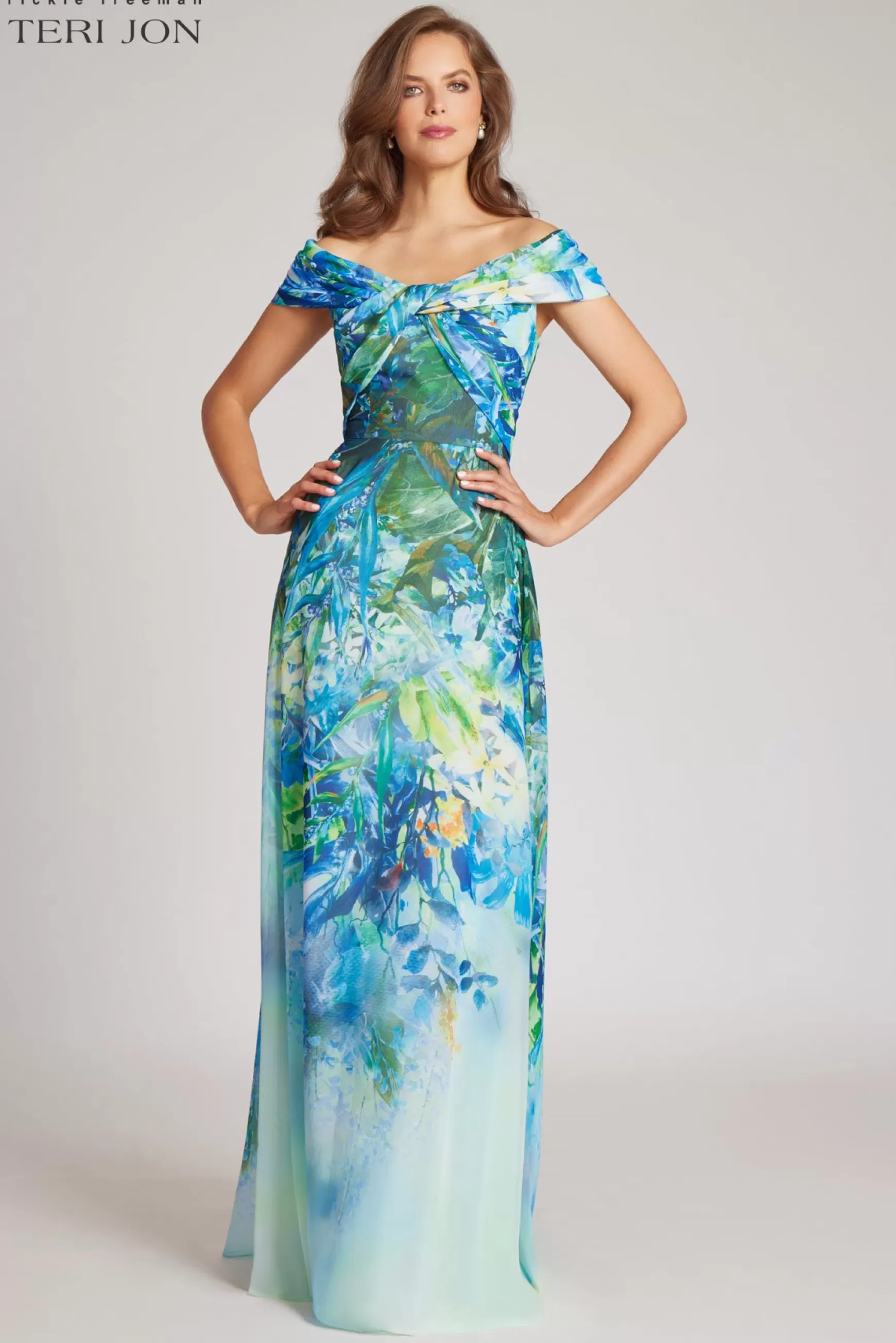 Evening & Formal Gowns*Teri Jon Chiffon Off The Shoulder Print Gown Blue Multi