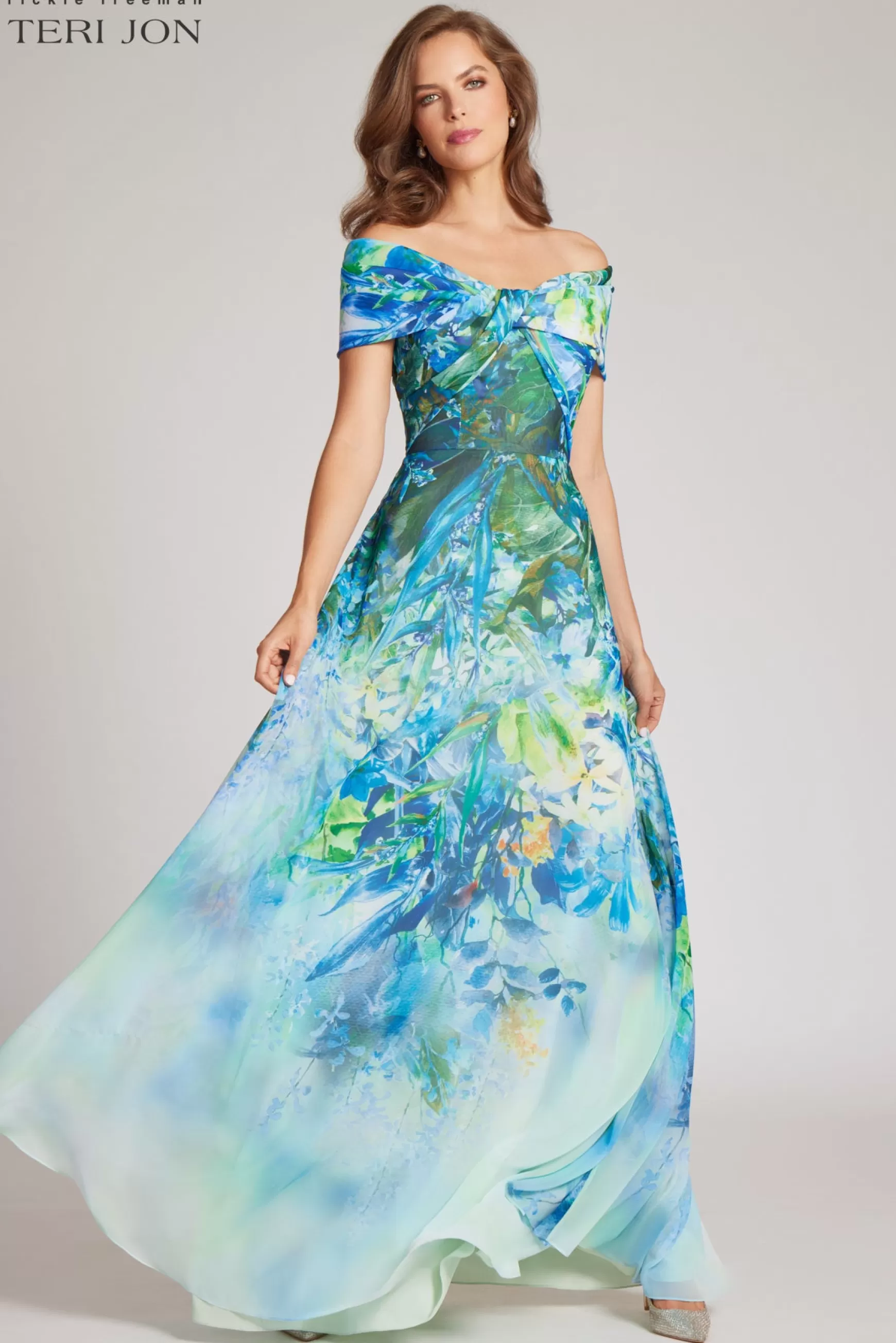 Evening & Formal Gowns*Teri Jon Chiffon Off The Shoulder Print Gown Blue Multi