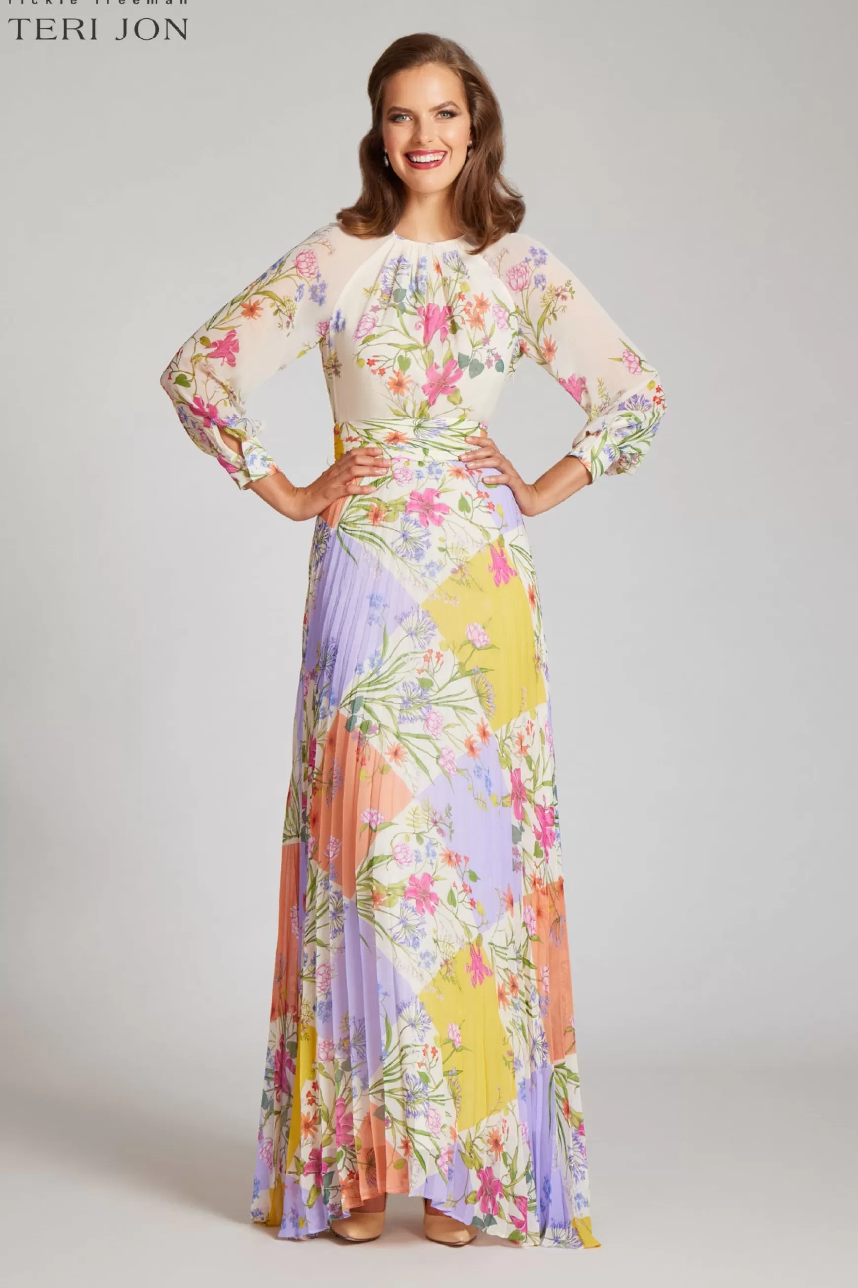 Guest of Wedding | Evening & Formal Gowns*Teri Jon Chiffon Patcwork Floral Print Pleated Maxi Dress Ivory Multi