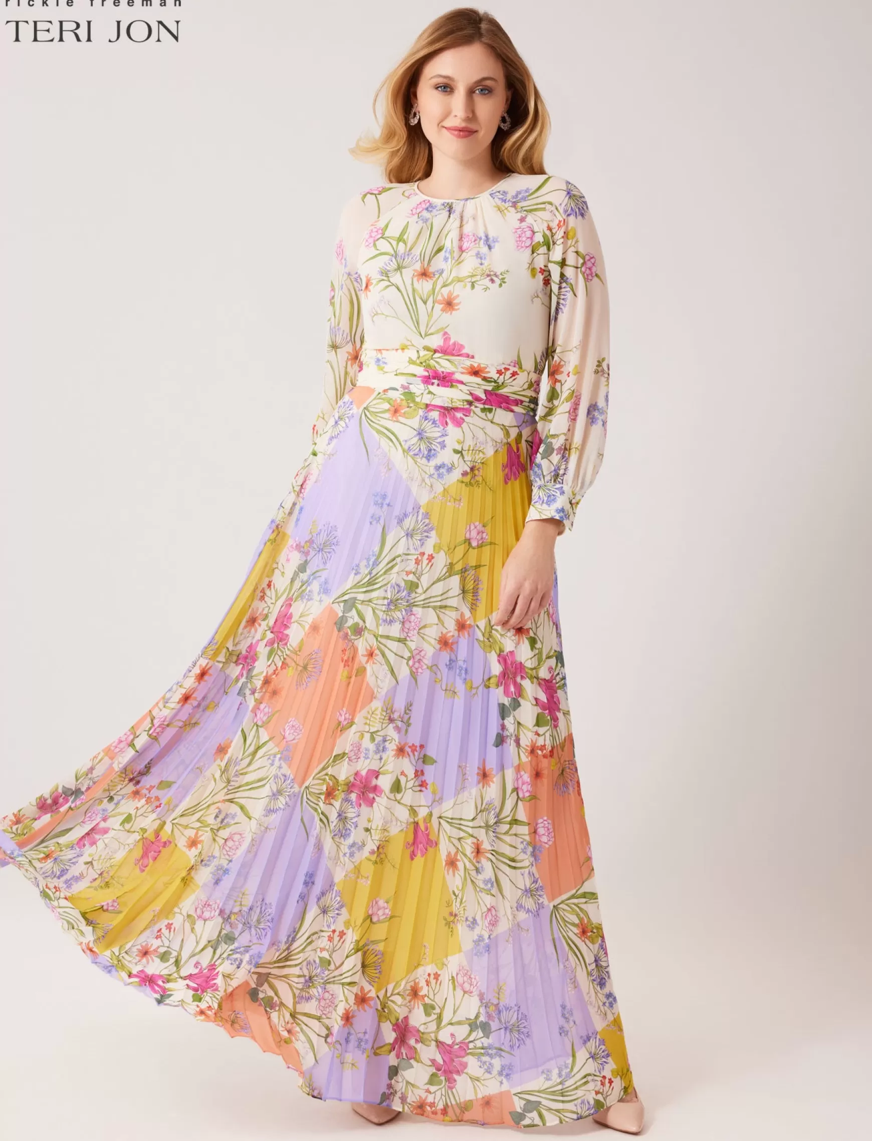 Guest of Wedding | Evening & Formal Gowns*Teri Jon Chiffon Patcwork Floral Print Pleated Maxi Dress Ivory Multi