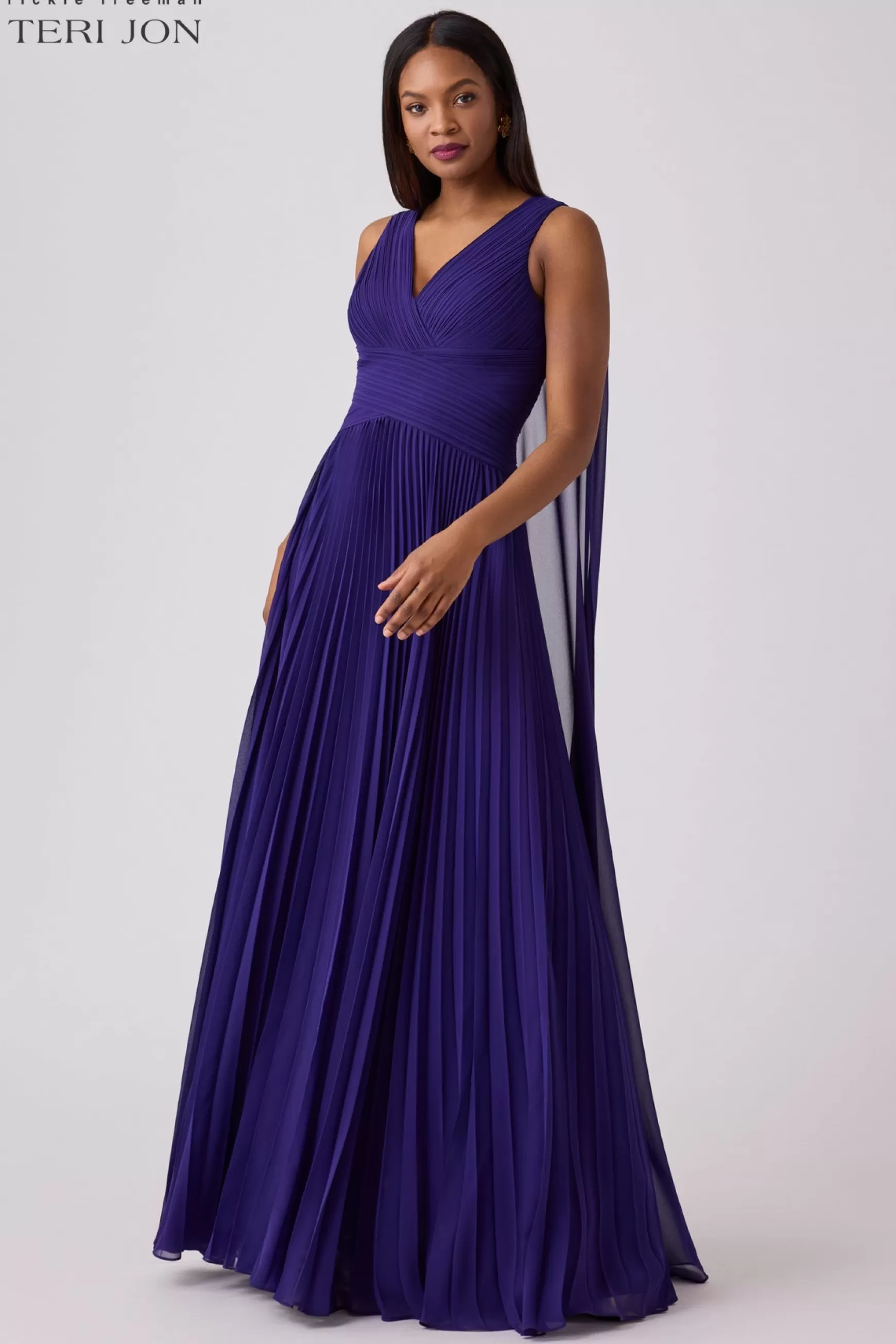 Coming Soon | Evening & Formal Gowns*Teri Jon Chiffon Pleated Cape Back V Neck Gown Purple