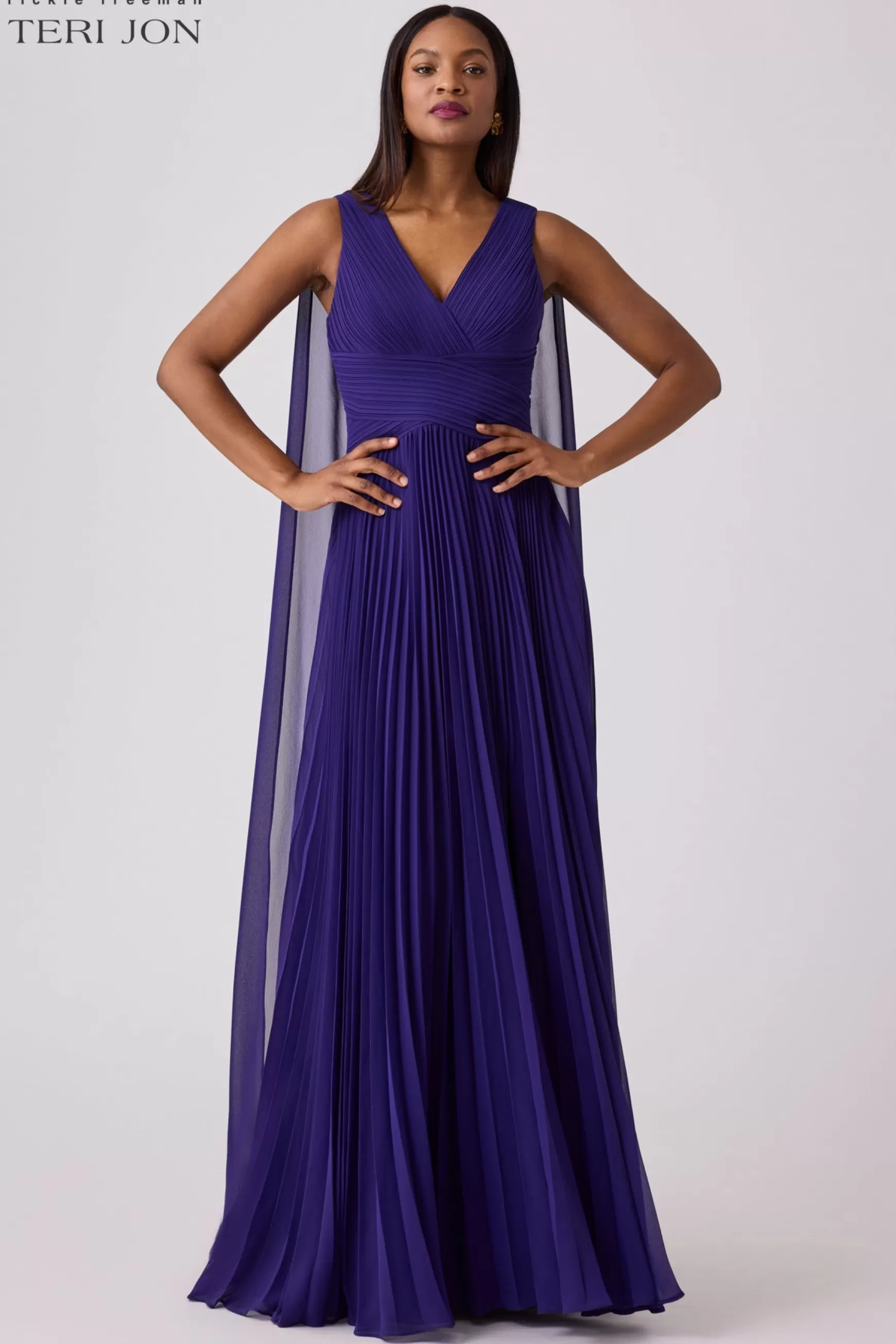 Coming Soon | Evening & Formal Gowns*Teri Jon Chiffon Pleated Cape Back V Neck Gown Purple