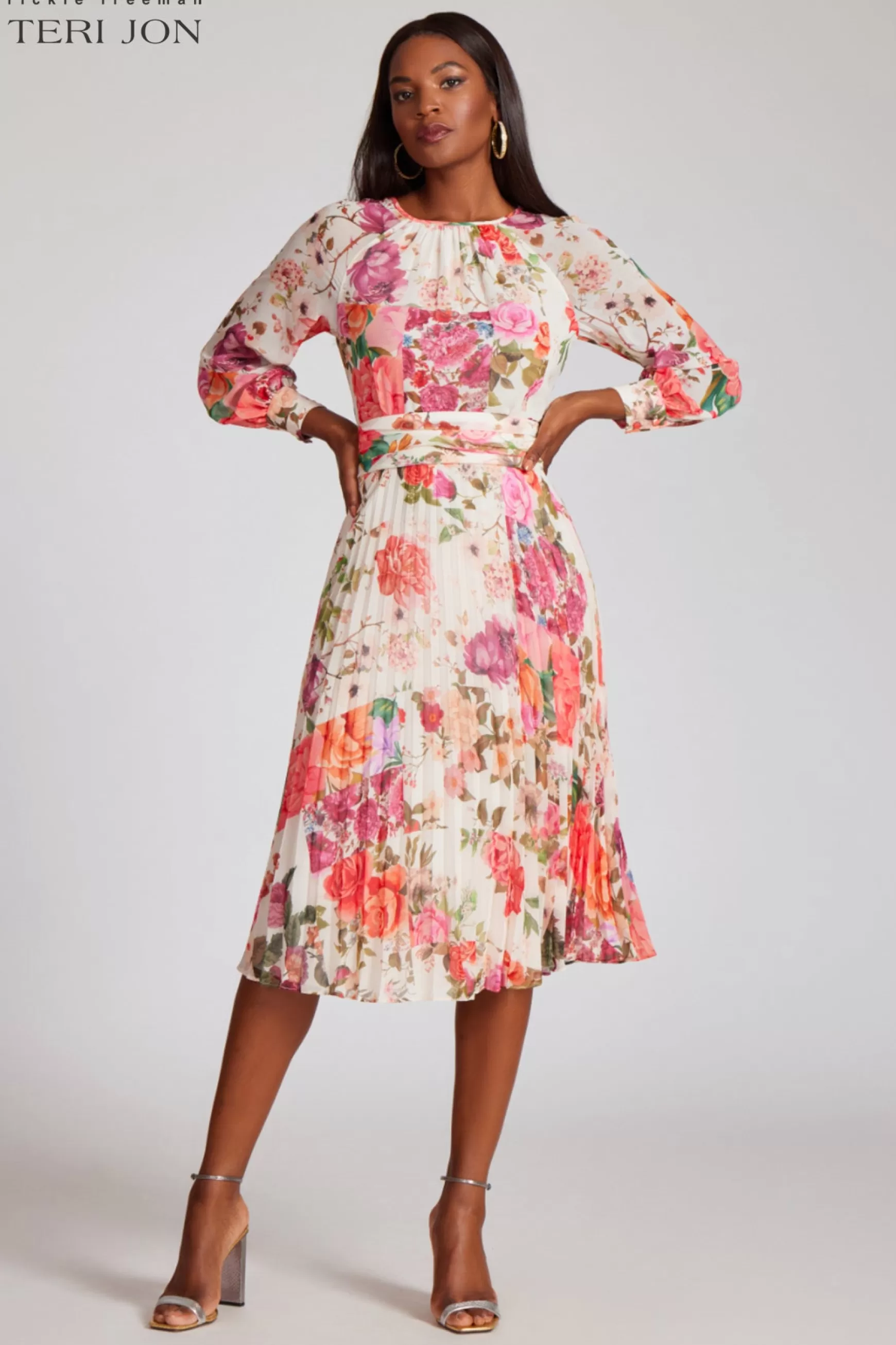 Guest of Wedding | Cocktail & Party Dresses*Teri Jon Chiffon Pleated Skirt Floral Print Dress Beige Multi