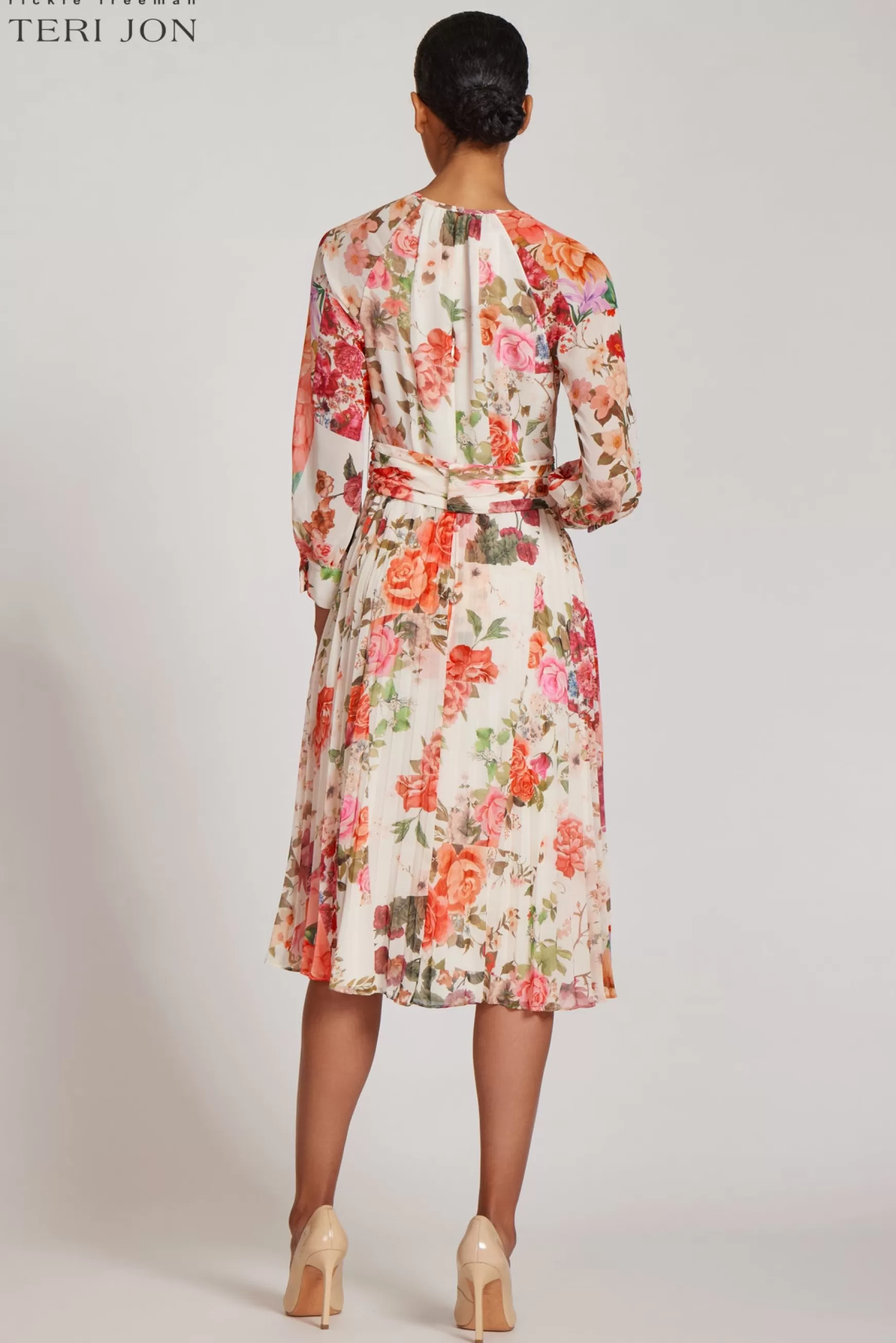 Guest of Wedding | Cocktail & Party Dresses*Teri Jon Chiffon Pleated Skirt Floral Print Dress Beige Multi