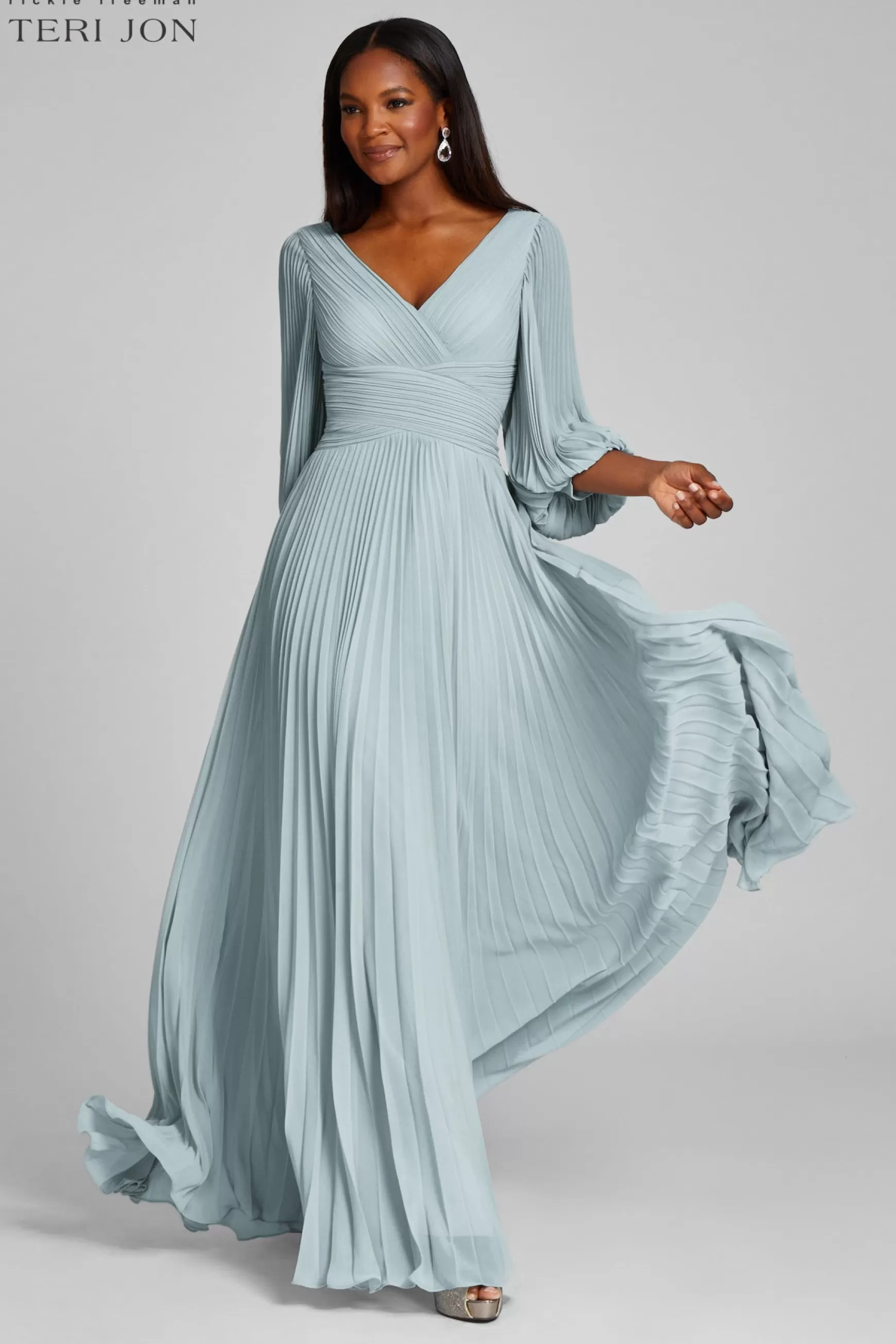 Plus Size Dresses | Evening & Formal Gowns*Teri Jon Chiffon Puff Sleeve Pleated VNeck Gown cobalt | fuchsia | navy