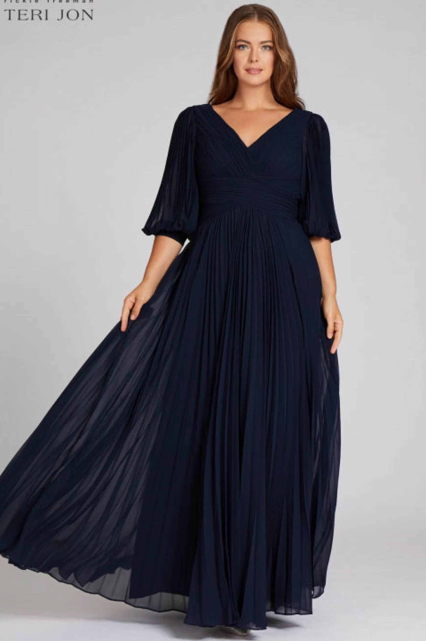 Plus Size Dresses | Evening & Formal Gowns*Teri Jon Chiffon Puff Sleeve Pleated VNeck Gown cobalt | fuchsia | navy