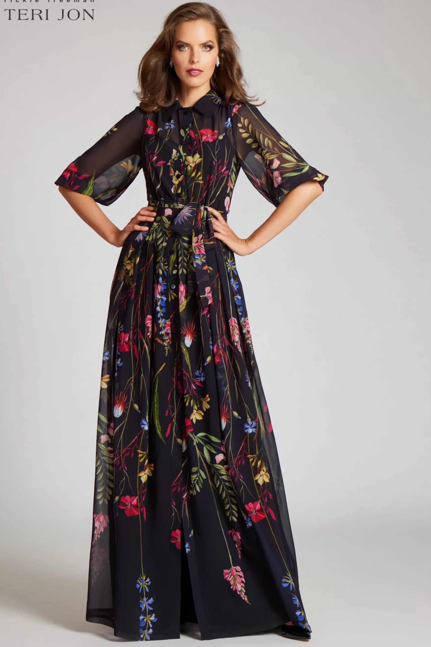 Evening & Formal Gowns*Teri Jon Chiffon Shirt Waist Gown Black Multi