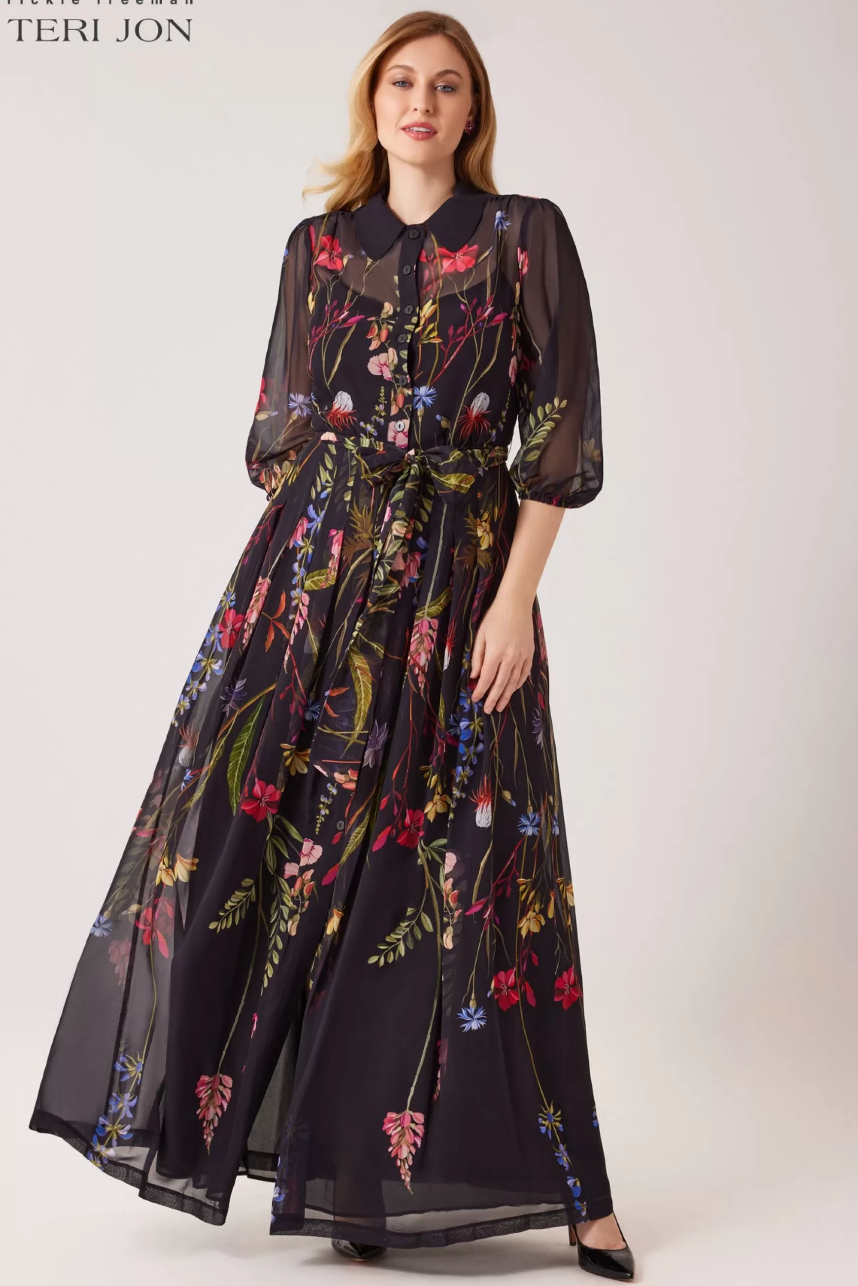 Evening & Formal Gowns*Teri Jon Chiffon Shirt Waist Gown Black Multi