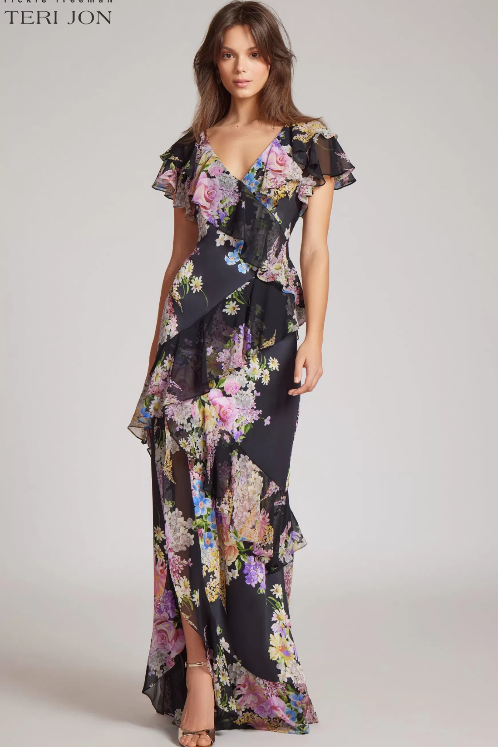 Evening & Formal Gowns | Guest of Wedding*Teri Jon Chiffon V-Neck Ruffle Gown Black Multi