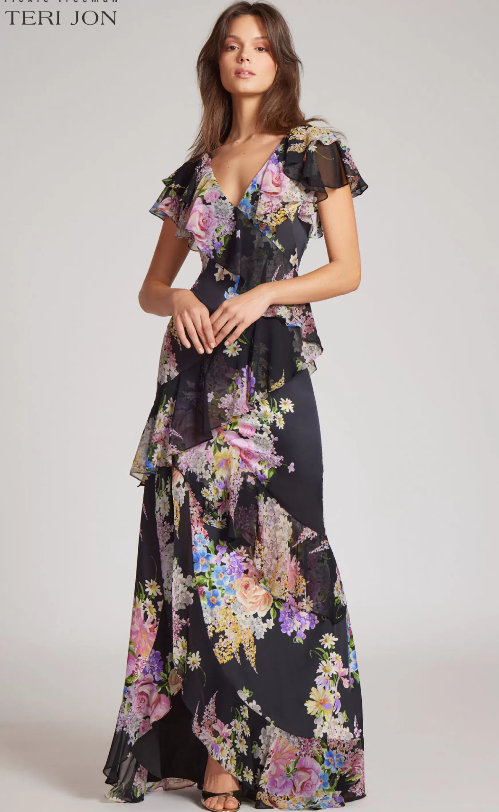 Evening & Formal Gowns | Guest of Wedding*Teri Jon Chiffon V-Neck Ruffle Gown Black Multi