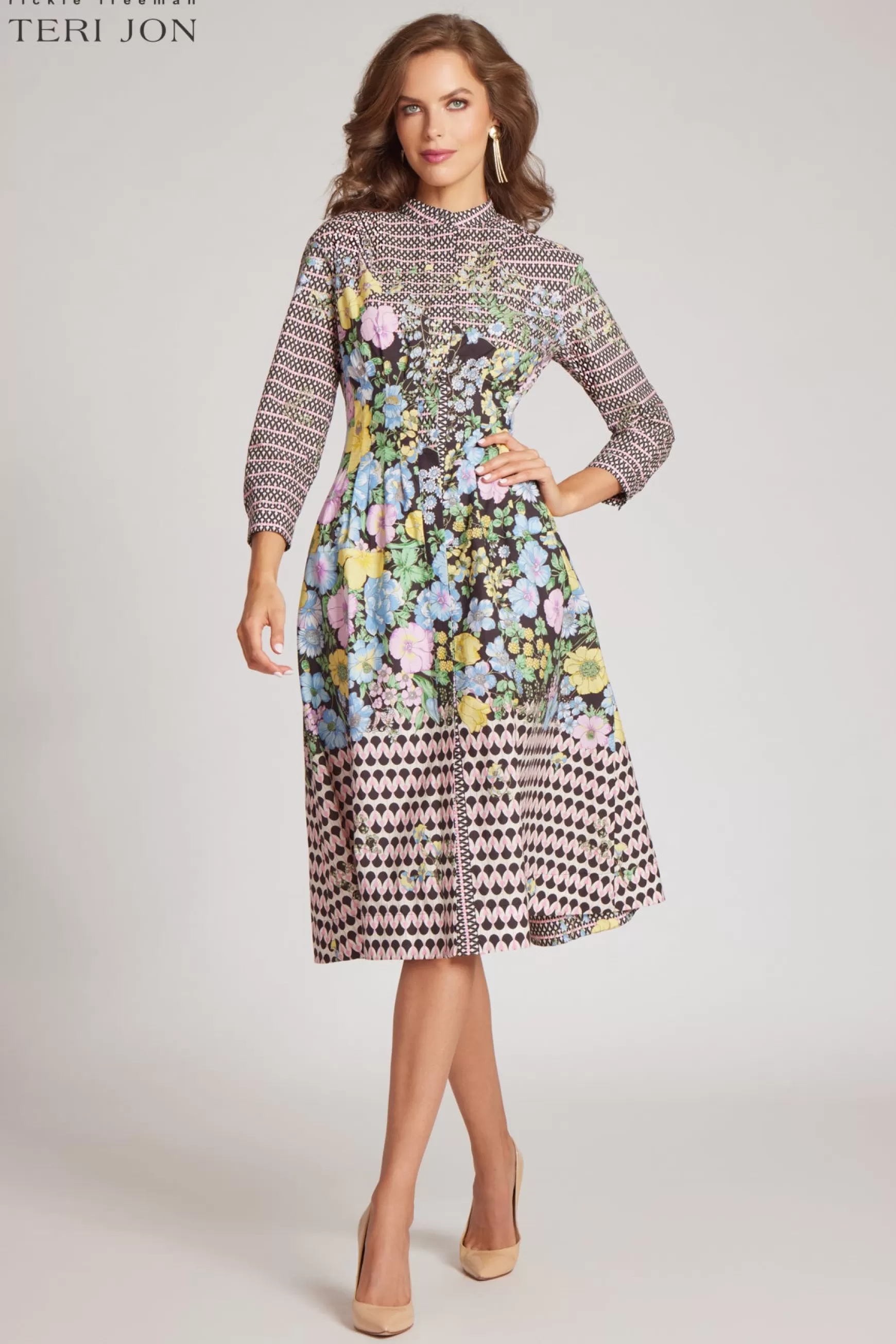 Coming Soon | Cocktail & Party Dresses*Teri Jon Cotton Floral Border Print Dress Multi Colours