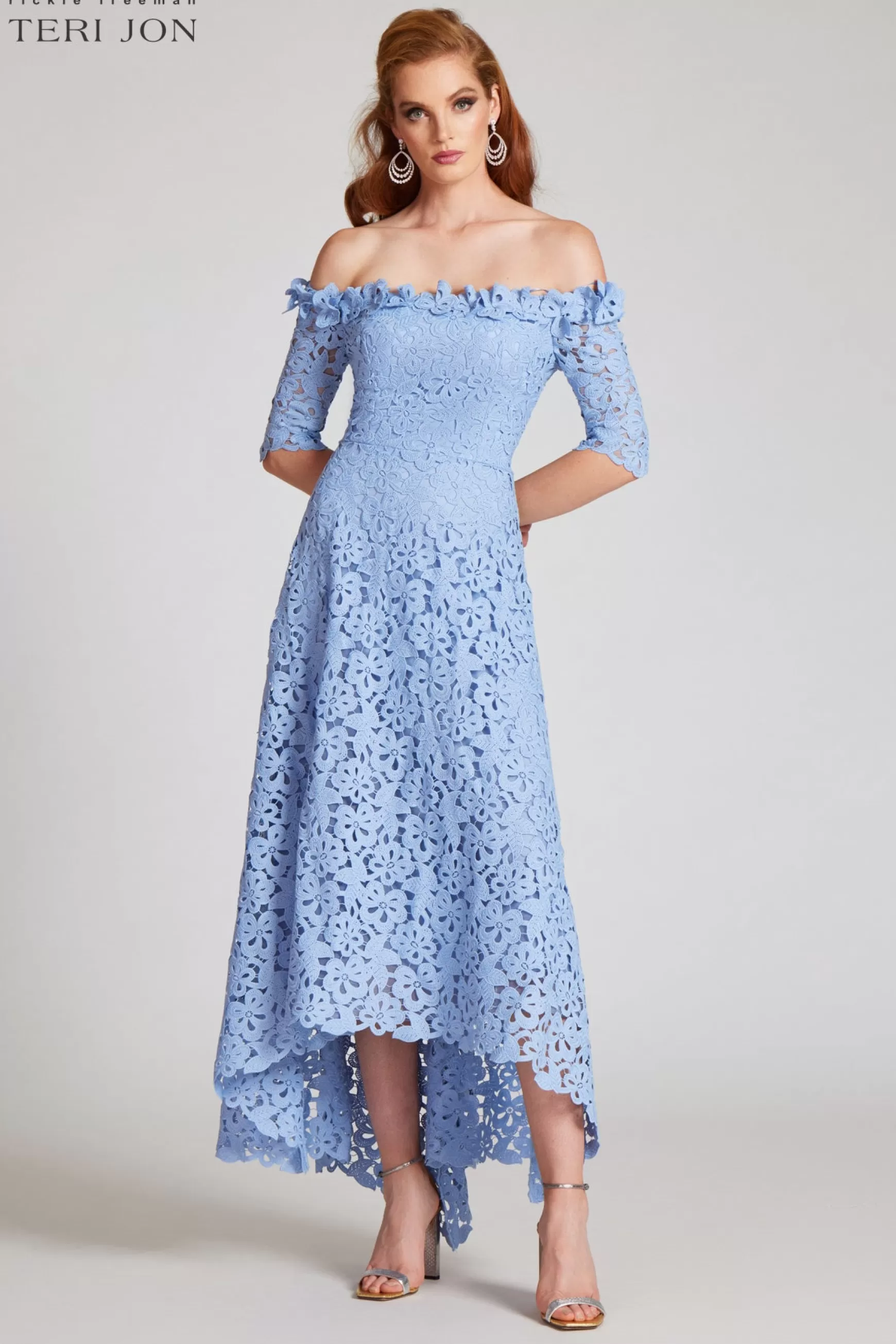 Guest of Wedding | Cocktail & Party Dresses*Teri Jon Cotton Lace Off The Shoulder High Low Dress Periwinkle