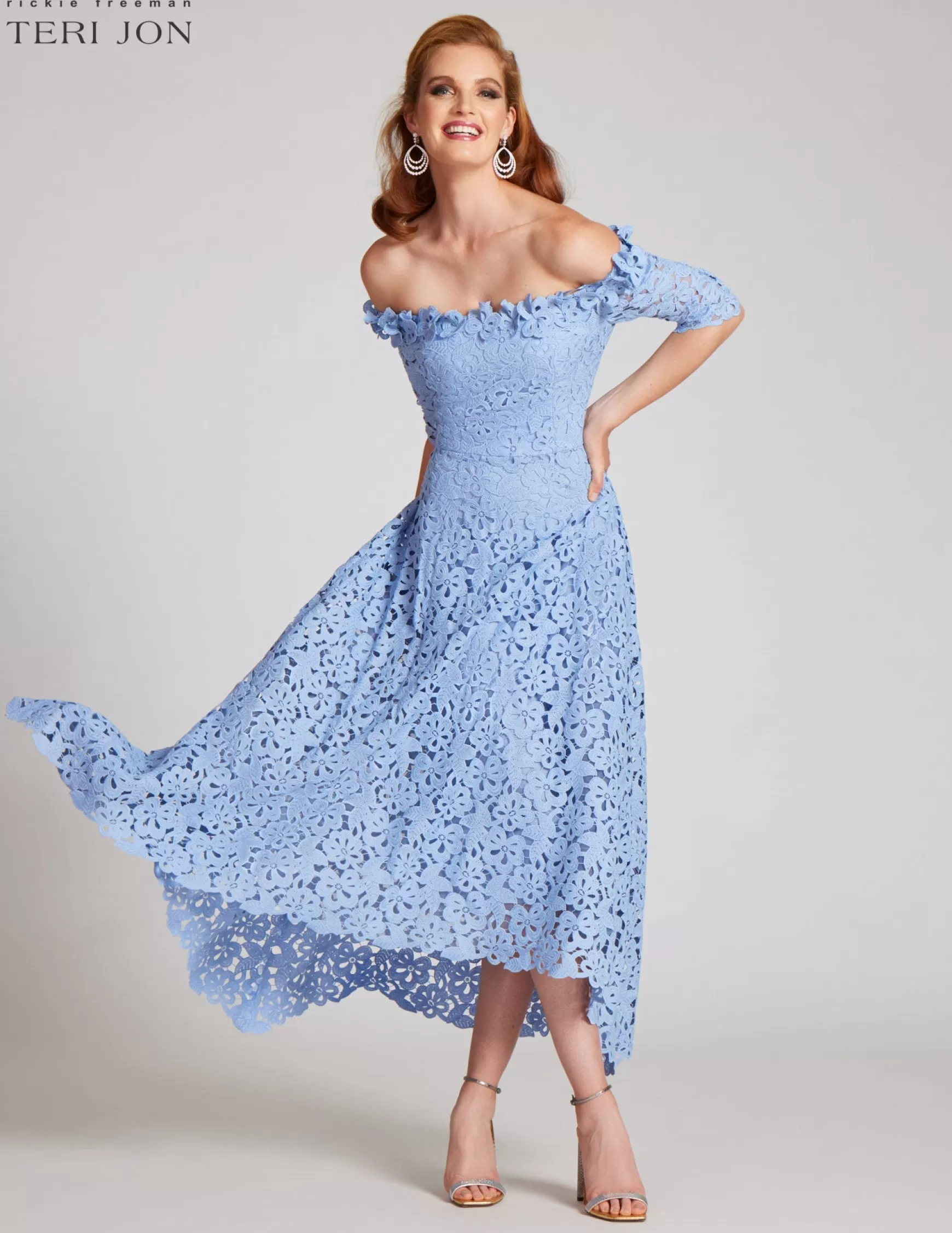 Guest of Wedding | Cocktail & Party Dresses*Teri Jon Cotton Lace Off The Shoulder High Low Dress Periwinkle