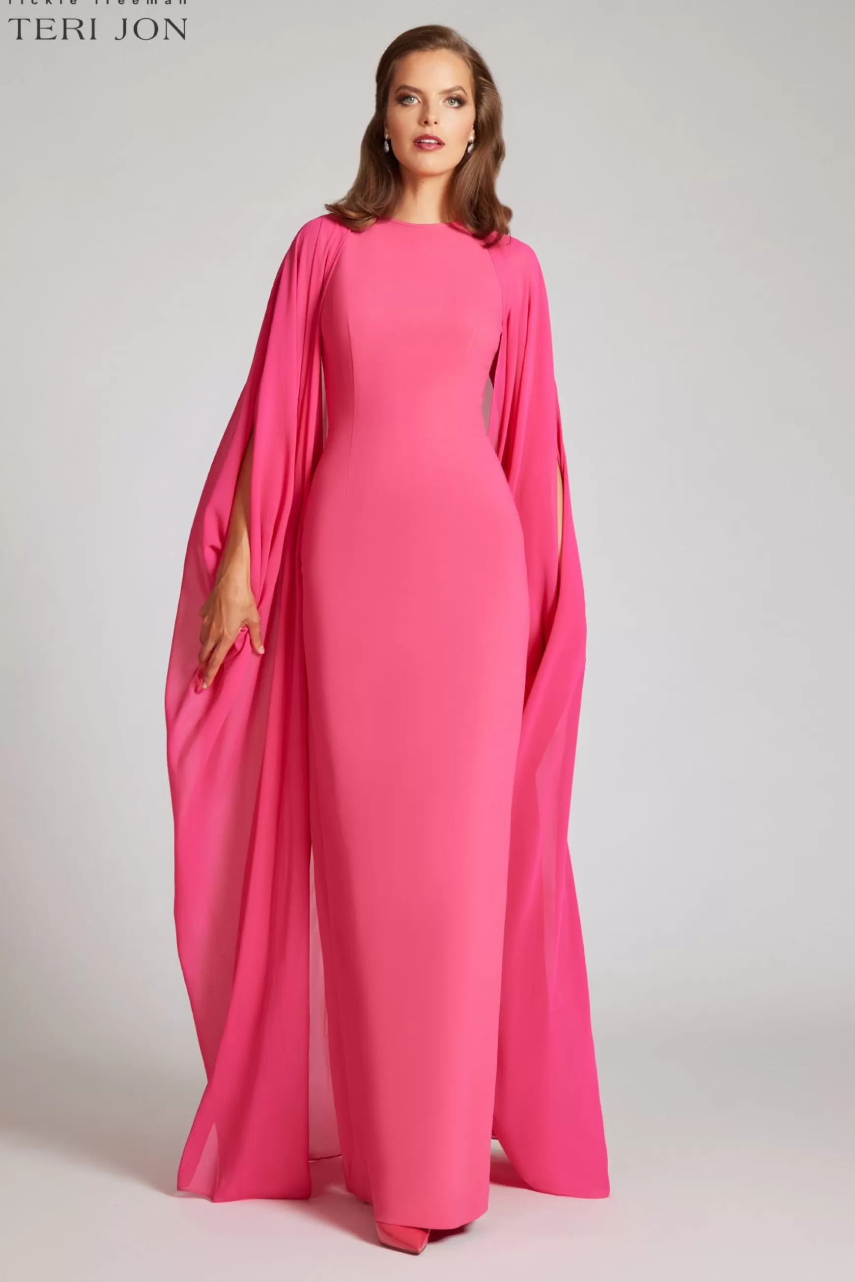 Evening & Formal Gowns*Teri Jon Crepe Column With Chiffon Overlay Cape Gown Watermelon