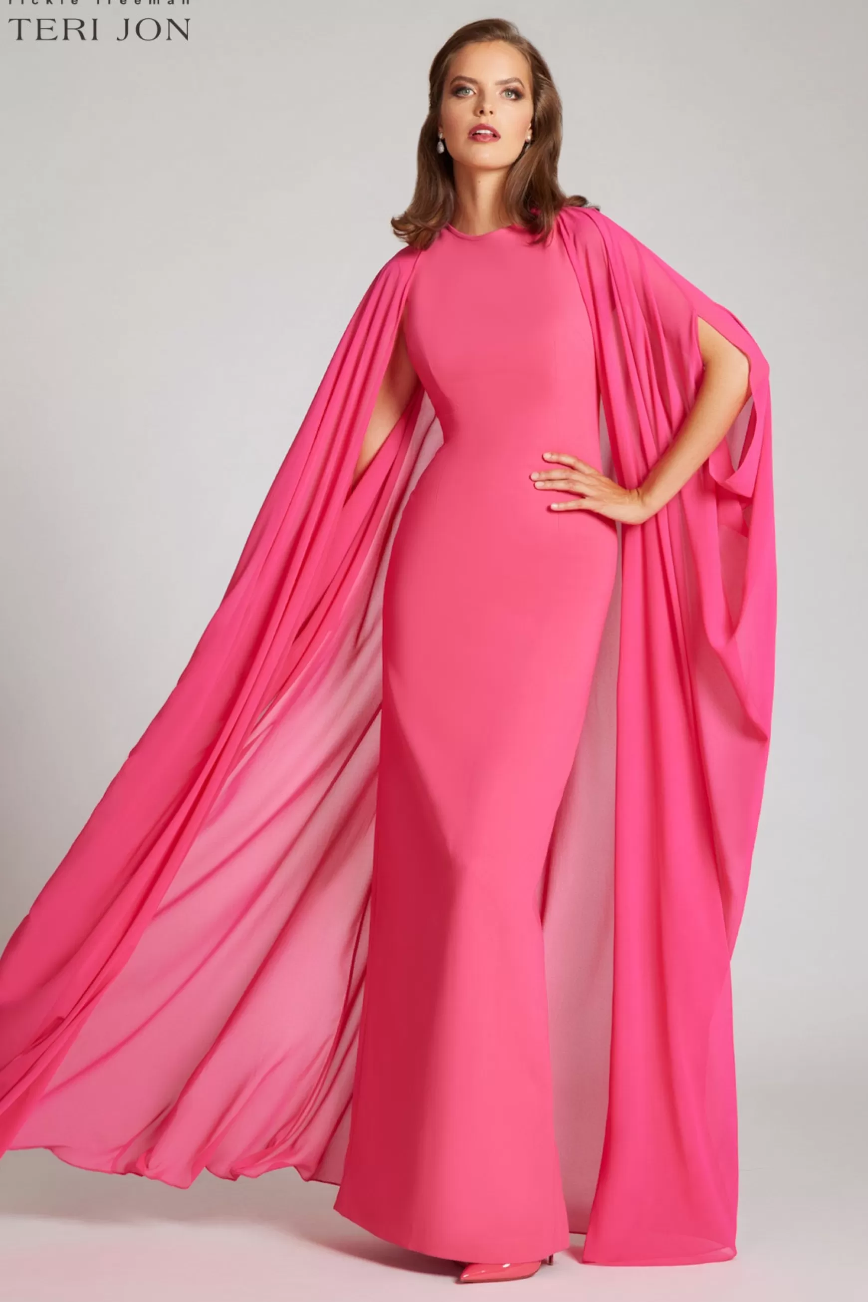 Evening & Formal Gowns*Teri Jon Crepe Column With Chiffon Overlay Cape Gown Watermelon