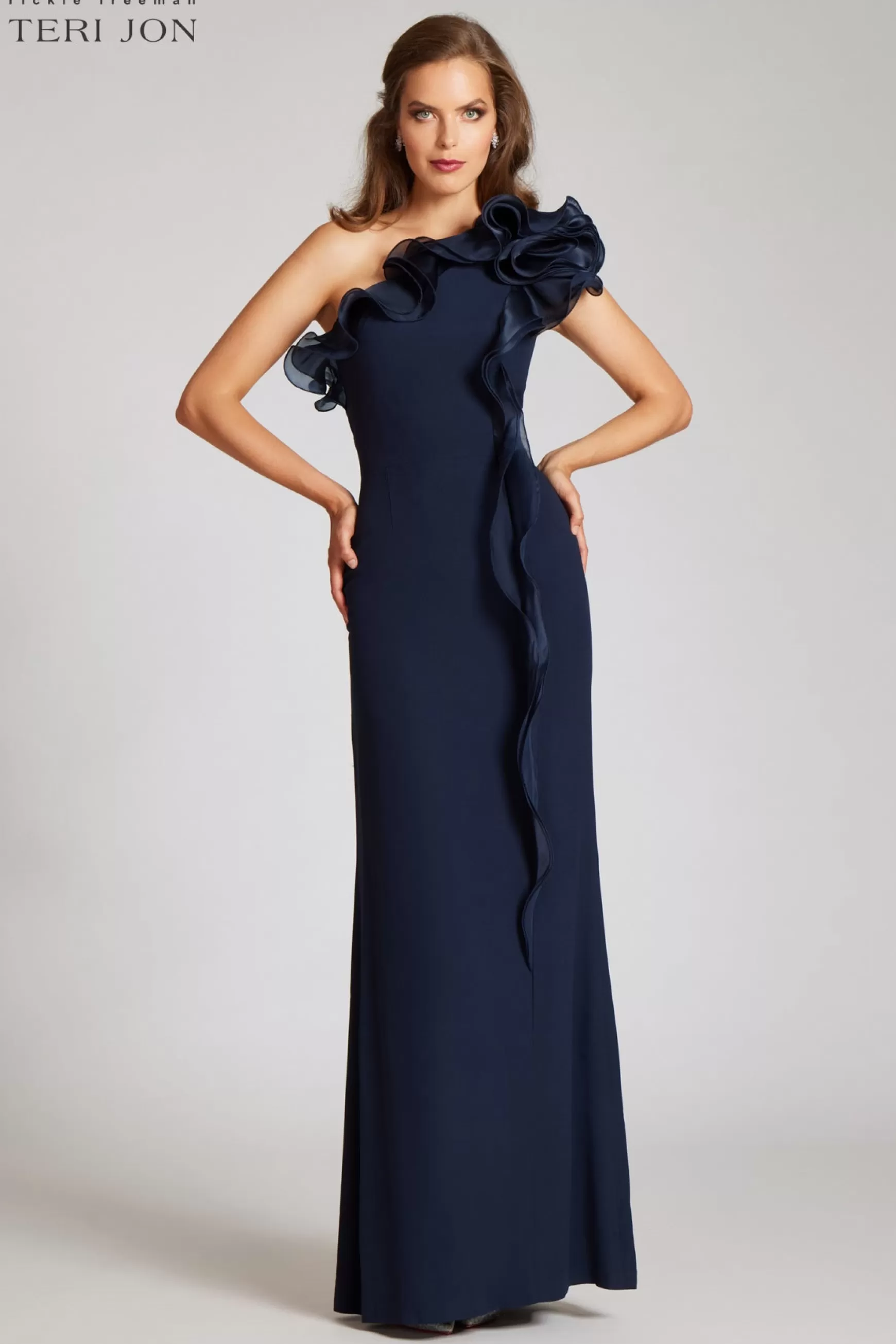 Evening & Formal Gowns*Teri Jon Crepe Column With Organza Gown Navy