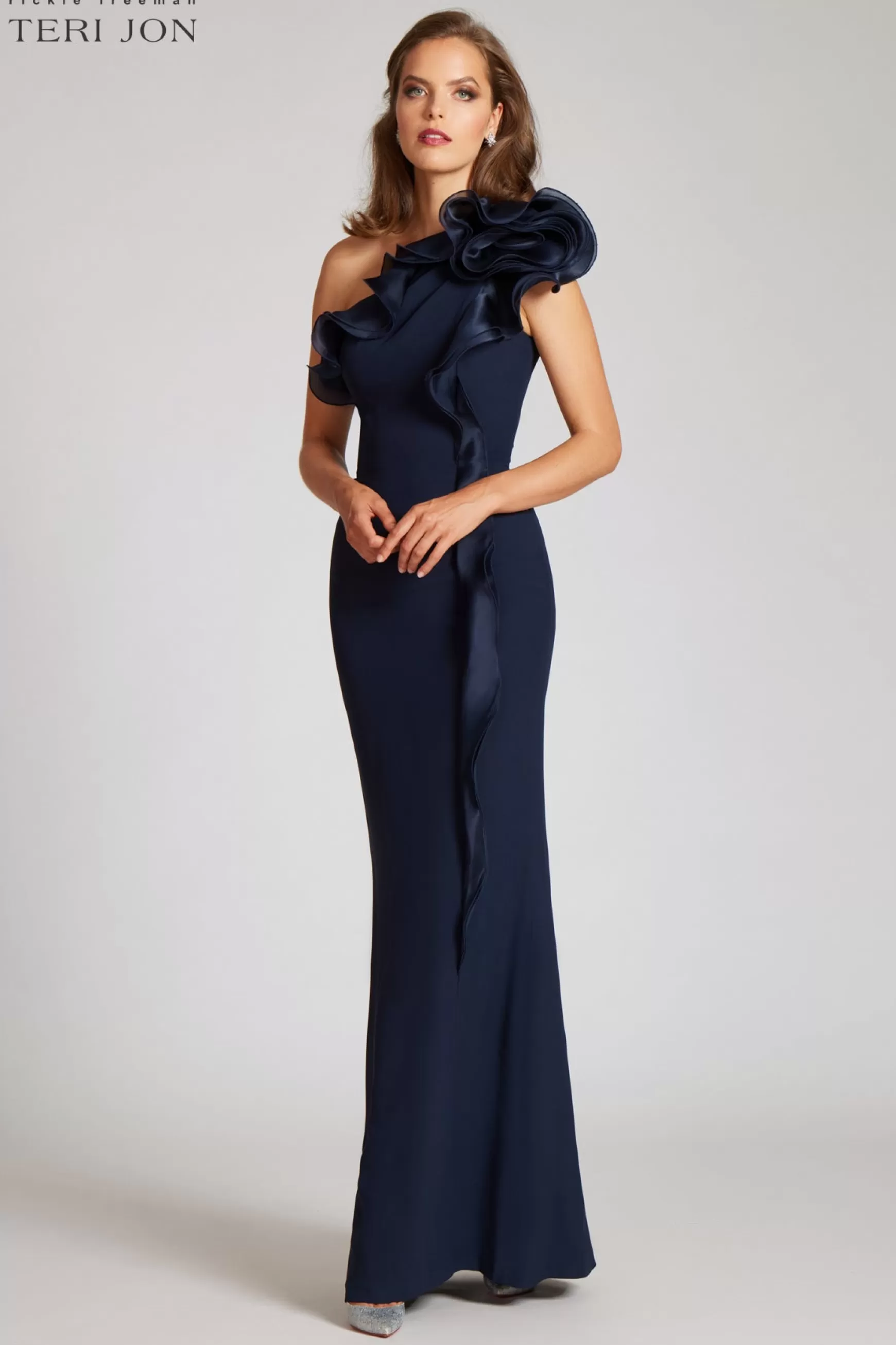 Evening & Formal Gowns*Teri Jon Crepe Column With Organza Gown Navy