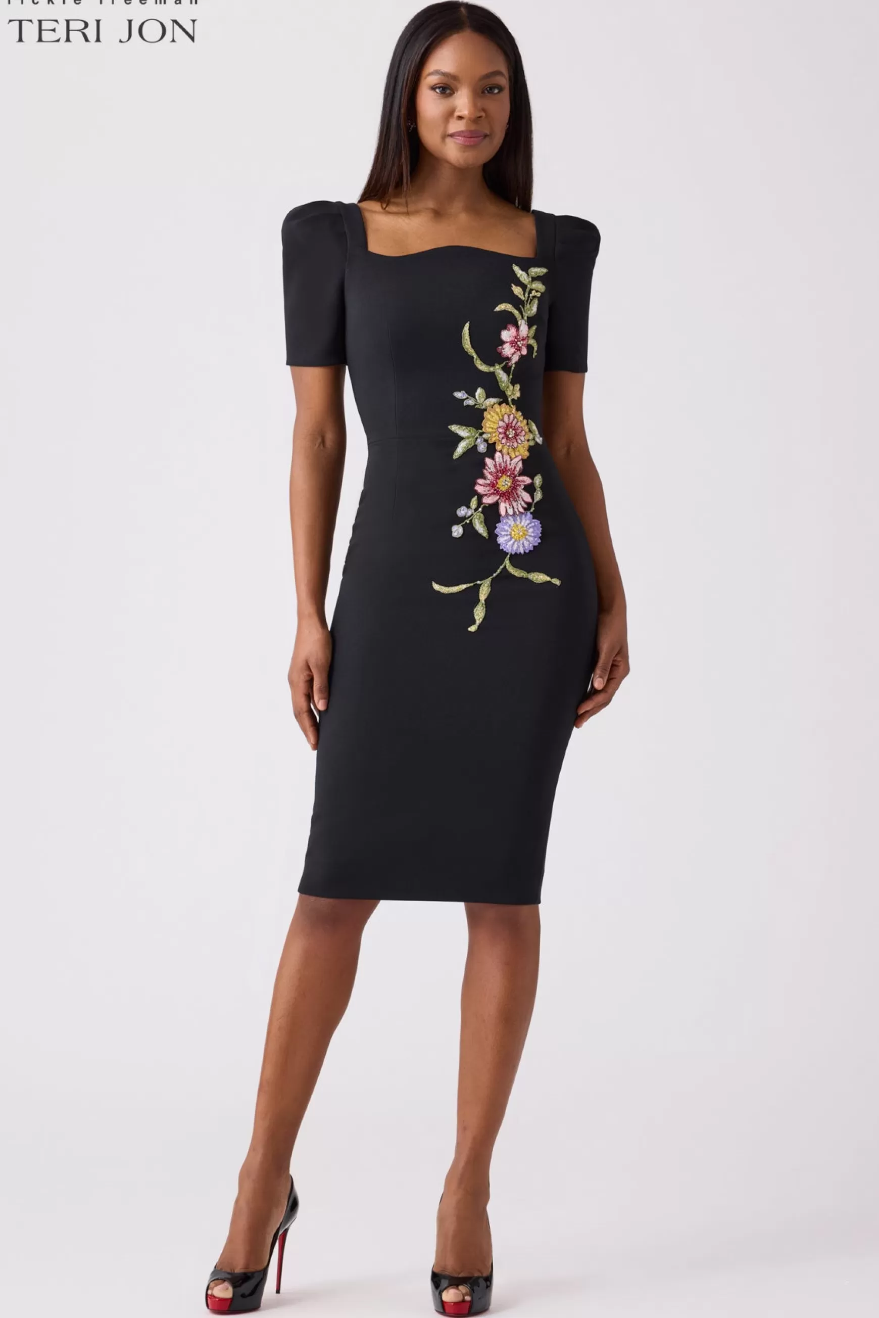 Coming Soon | Cocktail & Party Dresses*Teri Jon Crepe Embroidered Form Fitting Mini Dress Black Multi