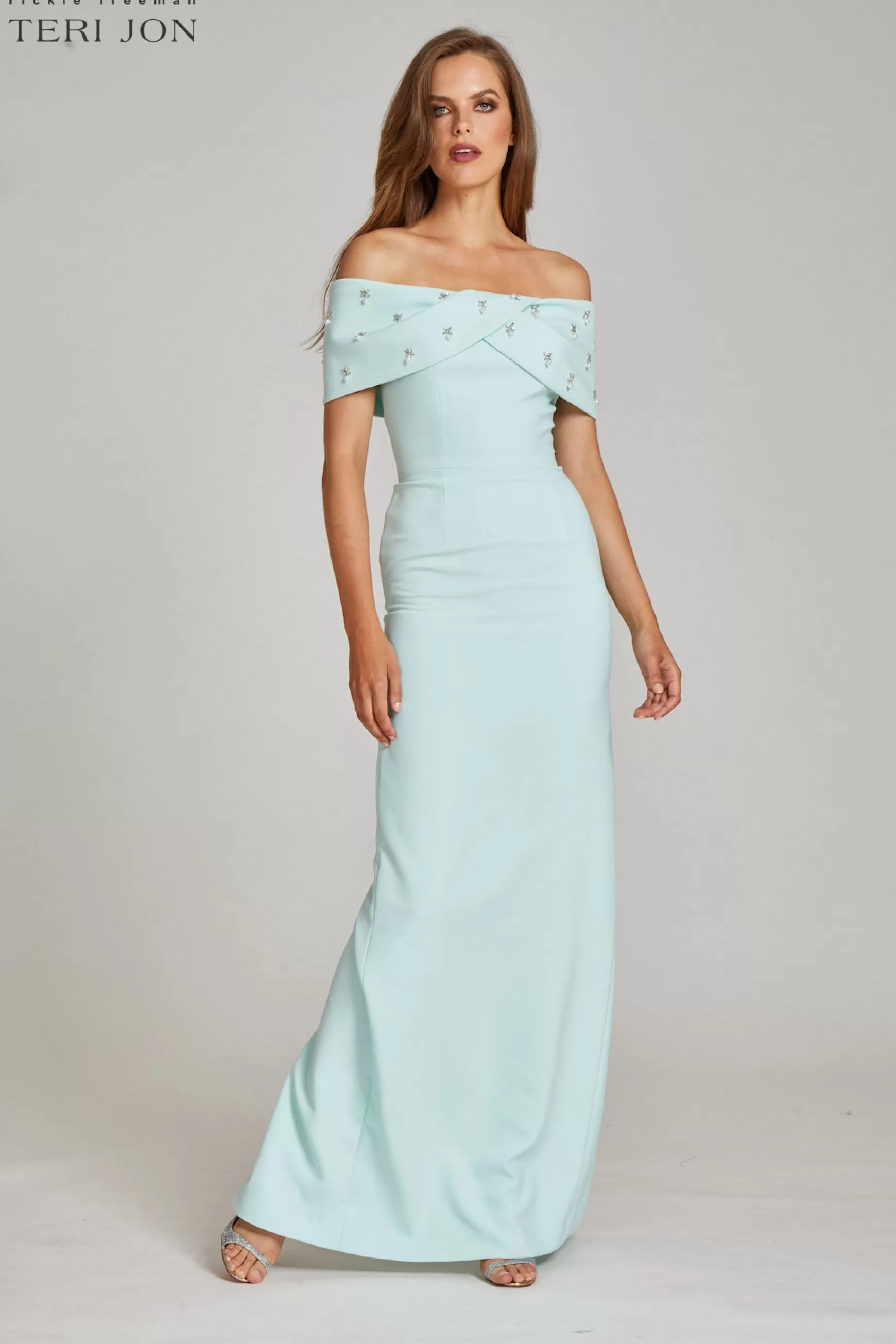 Plus Size Dresses | Guest of Wedding*Teri Jon Crepe Off Shoulder Jewel Trim Portrait Column Gown black | seafoam | blush